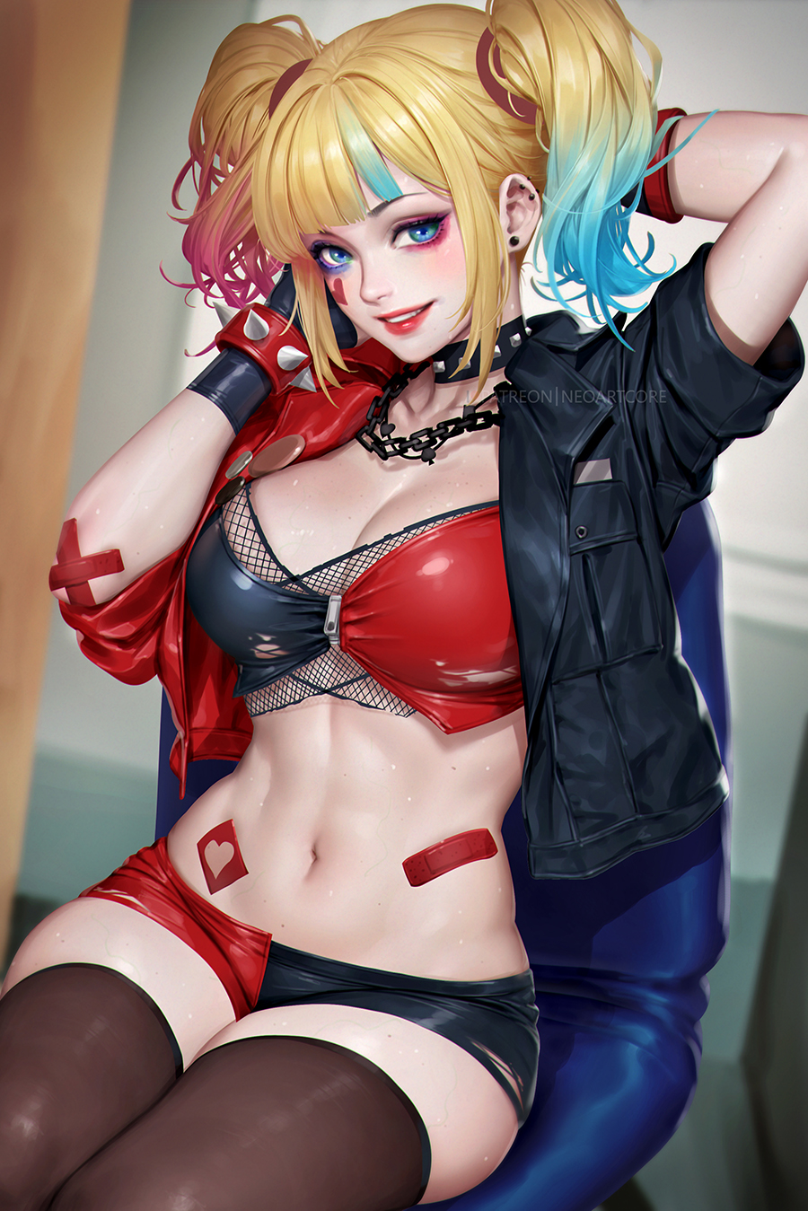 1girls, 2023, anime style, baseball bat, batman (series), big breasts, blonde hair, blue eyes, blue hair, breasts, choker, cleavage, dc, dc comics, female, female only, harley quinn, harley quinn (suicide squad isekai), light skin, light-skinned female, looking at viewer, multicolored hair, nail polish, navel, neoartcore, painted nails, pale skin, pale-skinned female, red hair, solo, solo female, solo focus, suicide squad, suicide squad isekai, thick thighs, tongue, tongue out, twintails, wide hips