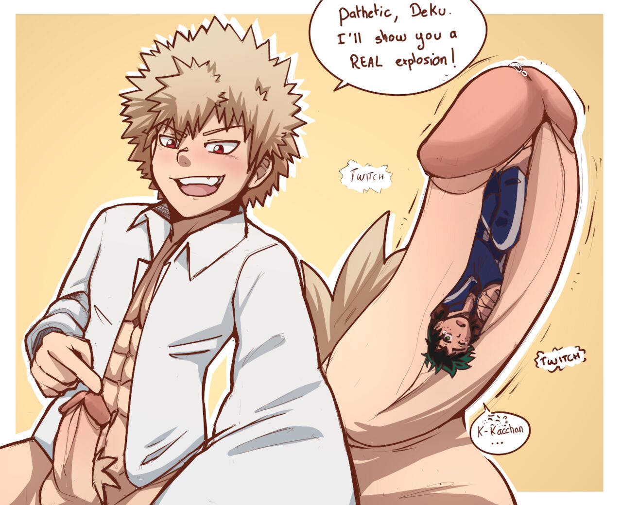 cock vore, giant, izuku midoriya, katsuki bakugou, macro, macro/micro, male, male only, male pred, micro, my hero academia, penis, size difference, vore