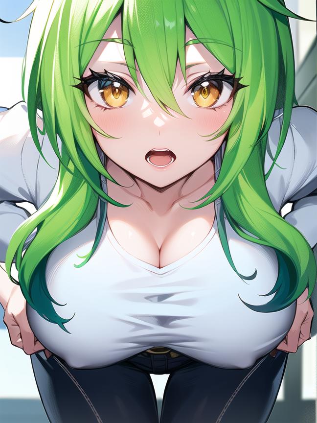 ai_generated cleavage close-up curvy green_hair gym_leader gym_uniform hentai high_resolution highres huge_breasts leaning_forward looking_at_viewer mesu_kyoushi_4 nai_diffusion nipples_visible_through_clothing pov skyrimgamer17 stable_diffusion thigh_gap white_shirt yellow_eyes