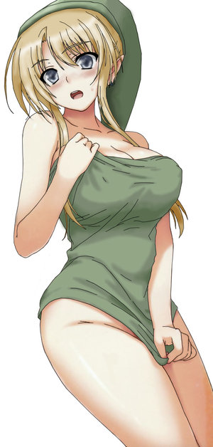 beige_skin blonde_hair blush breasts cleavage clothes color ear_piercing female female_only grey_eyes hair huge_breasts hylian link long_hair looking_at_viewer nopan open_eyes open_mouth piercing pointy_ears rule_63 solo standing the_legend_of_zelda unbarred-sin white_background