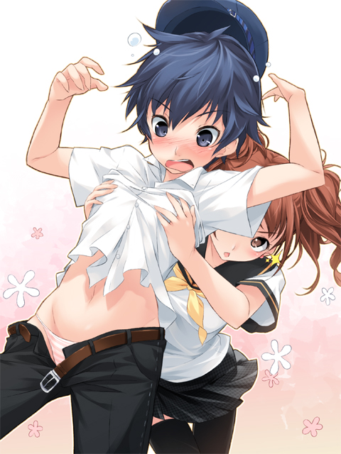 2girls androgynous belt blue_eyes blue_hair blush breast_grab breasts cabbie_hat female female_only flat_chest fondling grope groping groping_from_behind hat kujikawa_rise midriff multiple_girls oppai panties persona persona_4 pettanko pink_background school_uniform serafuku shimapan shirogane_naoto short_hair striped striped_panties surprised surprised_arms thong tomboy underwear unzipped yashima_takahiro yuri