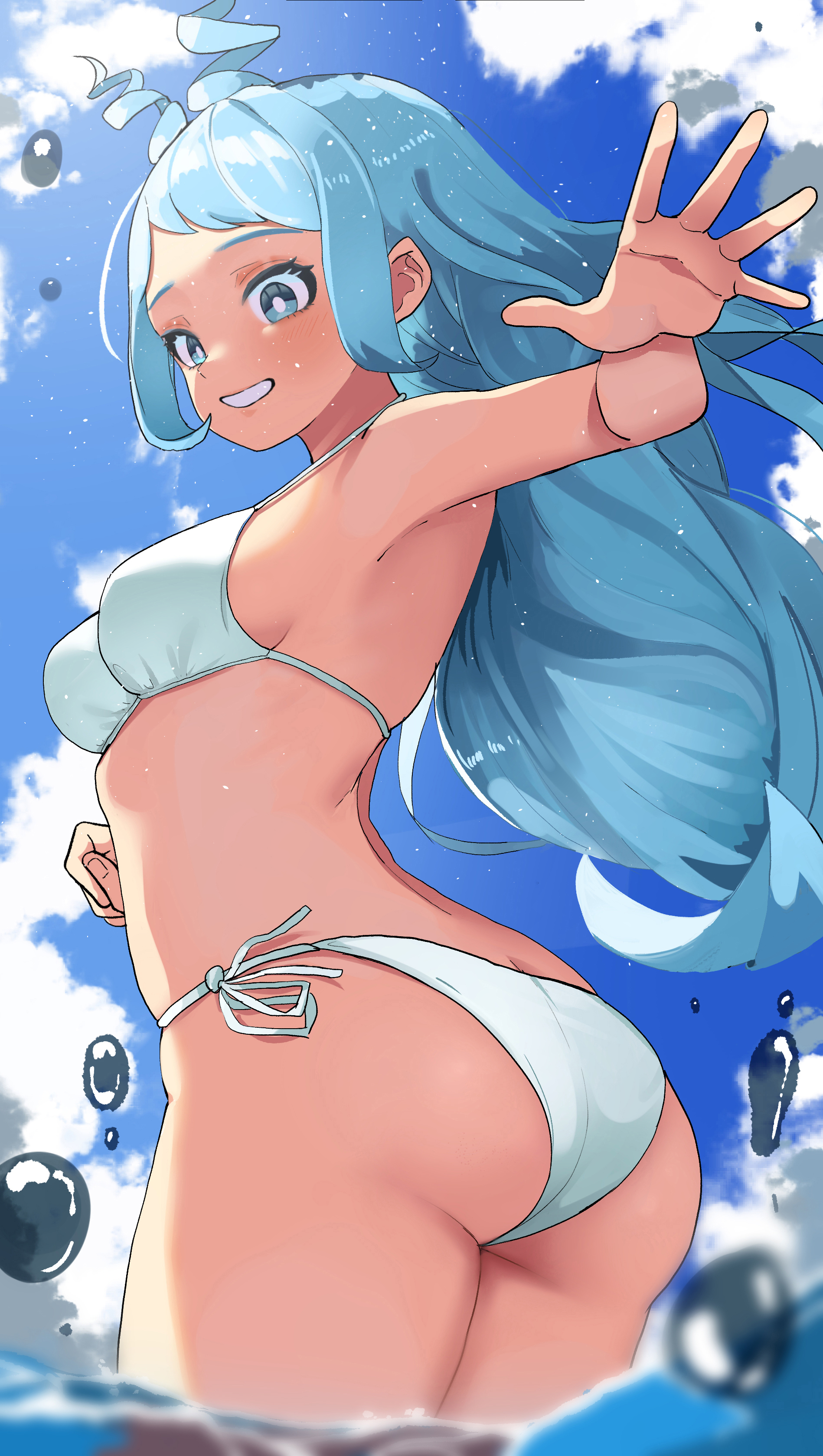 1girls, ass, ass focus, bikini, blue eyes, blue hair, blue sky, blue-haired female, blush, breasts, day, drill hair, female, from behind, grin, halterneck, looking at viewer, looking back, medium breasts, my hero academia, nejire hado, outdoors, outside, partially submerged, sky, smile, solo, string bikini, swimsuit, thighs, wading, water, white bikini, zd (pixiv6210083)