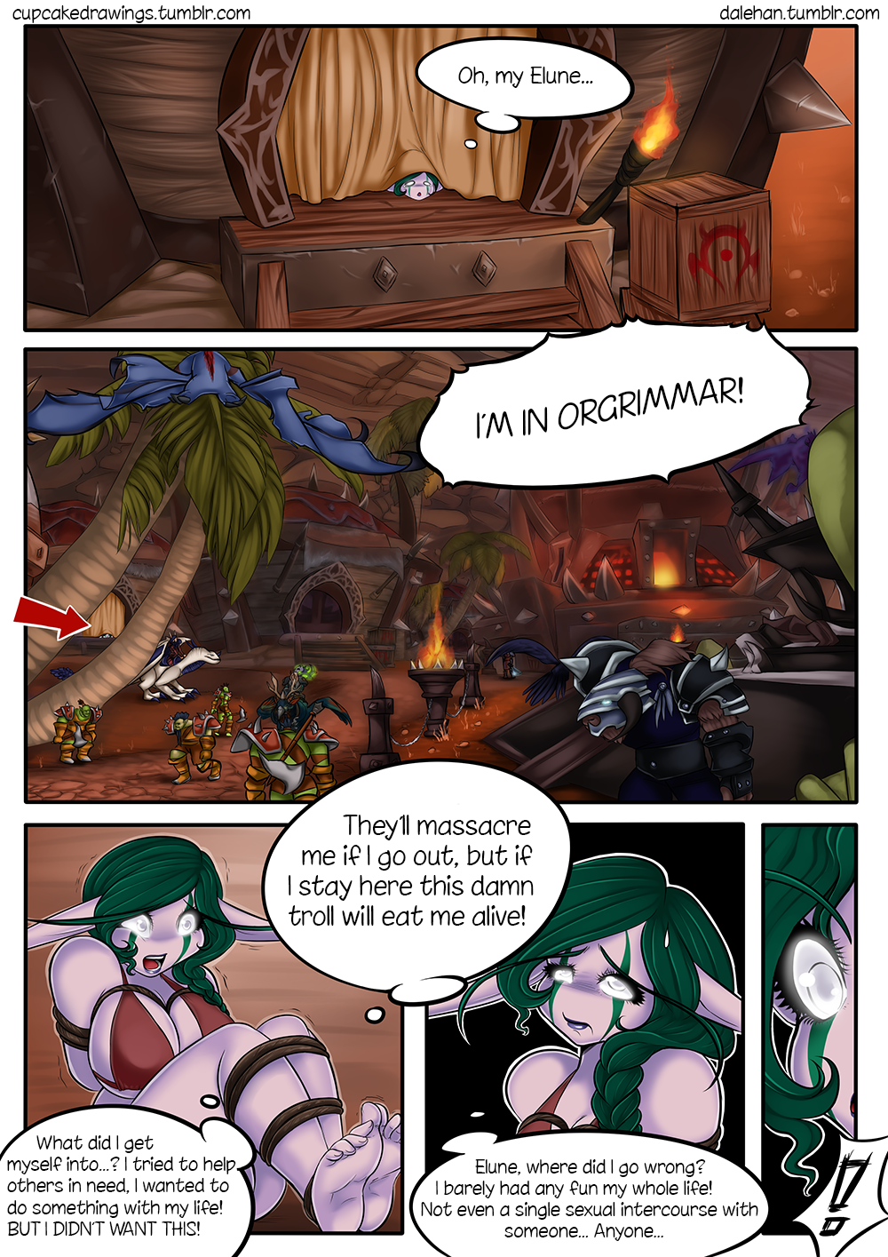 1girls armor blizzard_entertainment braid chubby comic comic_page cupcake992 dialogue green_hair long_eyebrows long_pointy_ears lytasima night_elf orc_(warcraft) original_character purple_skin rope tied_up virgin warcraft world_of_warcraft