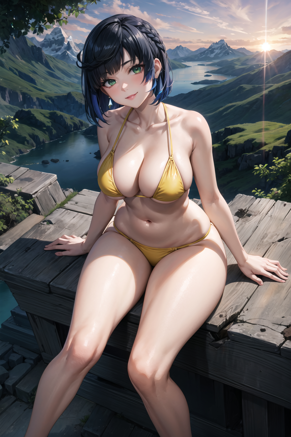 1girls, ai generated, bikini, curvaceous, curvy body, curvy female, female, genshin impact, nature background, seductive look, short hair, stable diffusion, voluptuous, voluptuous female, yelan (genshin impact)