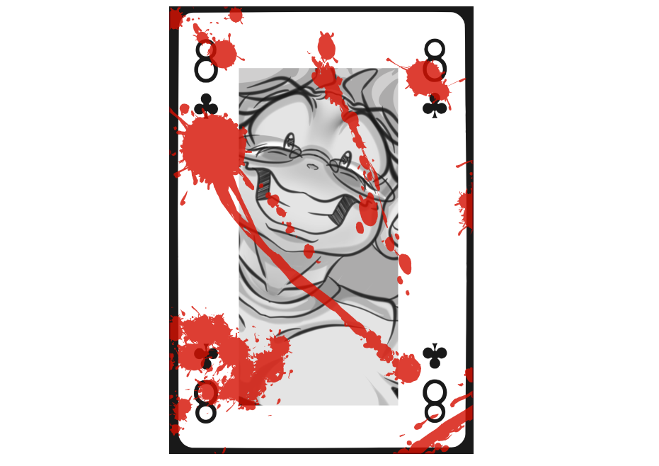 blood bodily_fluids card clothing clubs epicsubterfuge eyewear female glasses human mammal playing_card shirt smile solo topwear