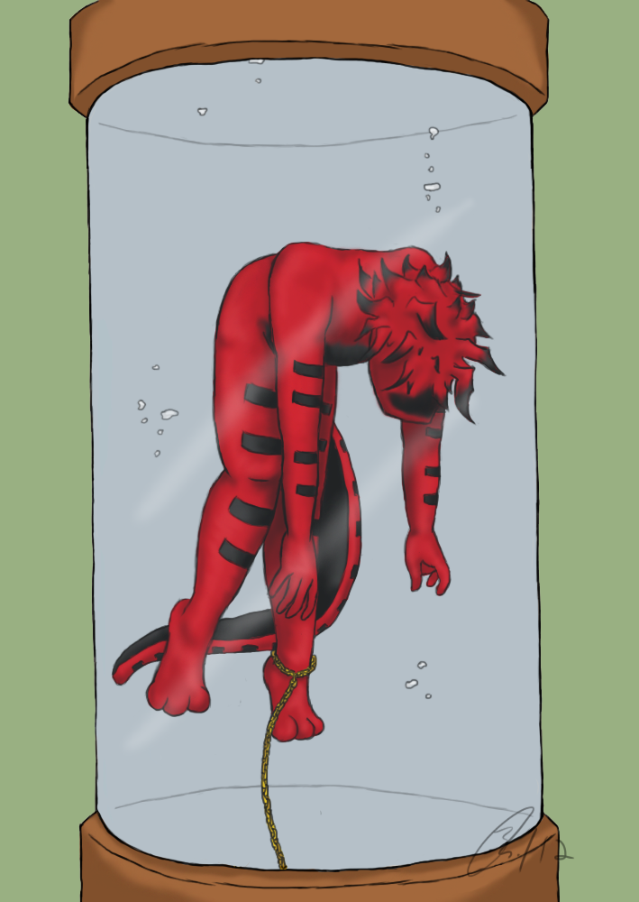 2012 aemi anthro black_body black_skin death digital_drawing_(artwork) digital_media_(artwork) furx_(character) green_background lizard male male_death nude red_body red_skin reptile restrained scalie signature simple_background solo underwater water