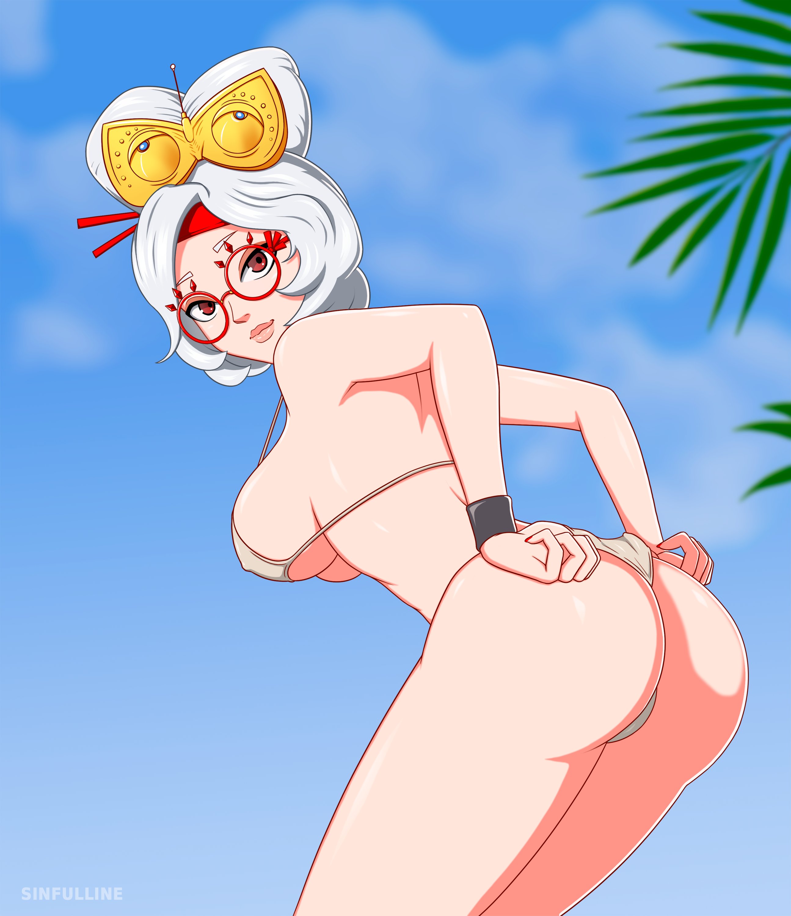 1girls, ass, bent over, big ass, big breasts, bikini, bikini bottom, bikini top, breasts, eyewear, female, female only, glasses, hair, hair ornament, huge ass, huge breasts, lips, looking at viewer, nintendo, purah, purah (tears of the kingdom), red eyes, red glasses, sinfulline, solo, solo female, tears of the kingdom, the legend of zelda, thick lips, thighs, white bikini, white hair