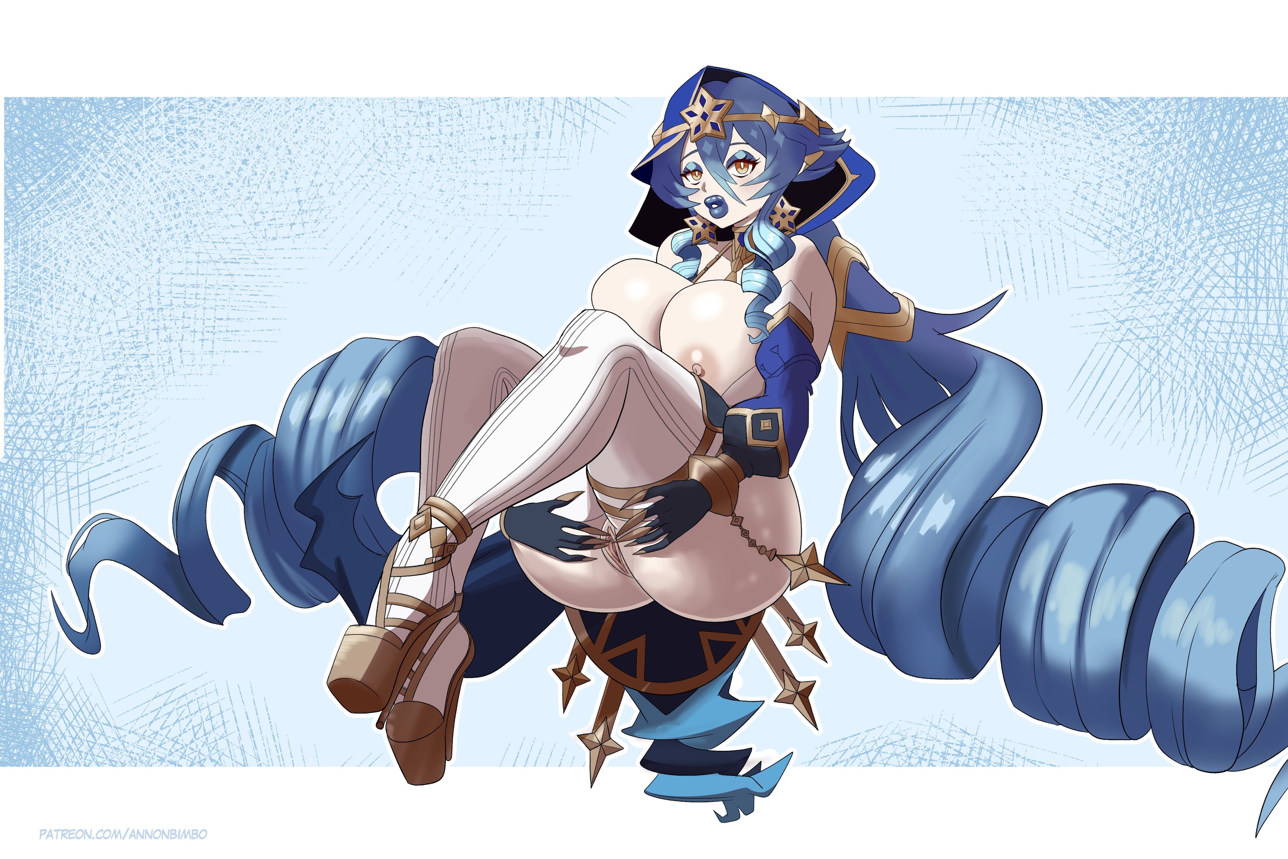 annon, ass, bimbo, breasts, female, genshin impact, high heels, huge ass, huge breasts, layla (genshin impact), nipples, pussy, thick lips, thick thighs, wide hips