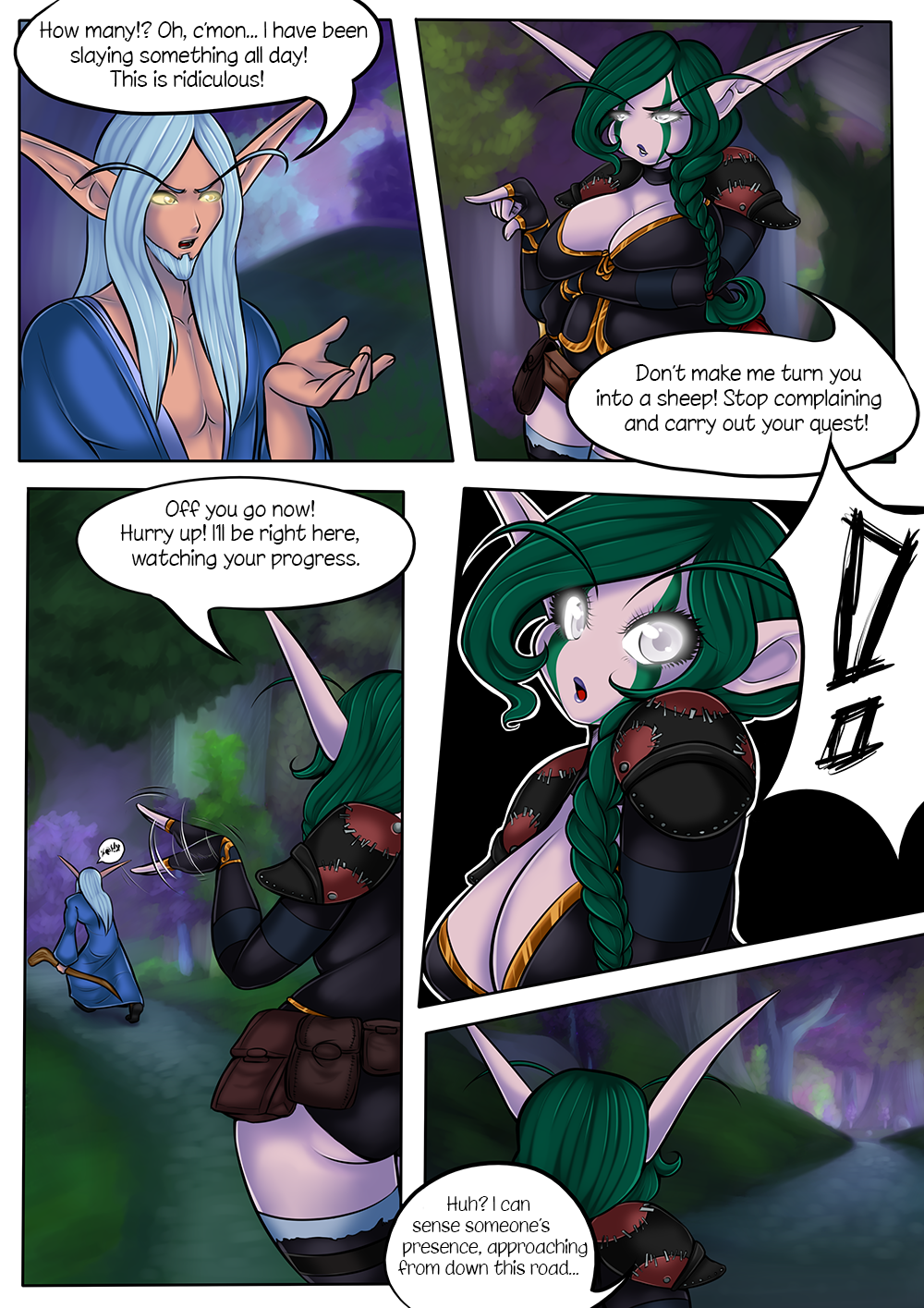 1boy 1girls beard blizzard_entertainment braid chubby comic comic_page cupcake992 dialogue green_hair long_eyebrows long_pointy_ears lytasima night_elf original_character purple_skin thick_thighs warcraft world_of_warcraft