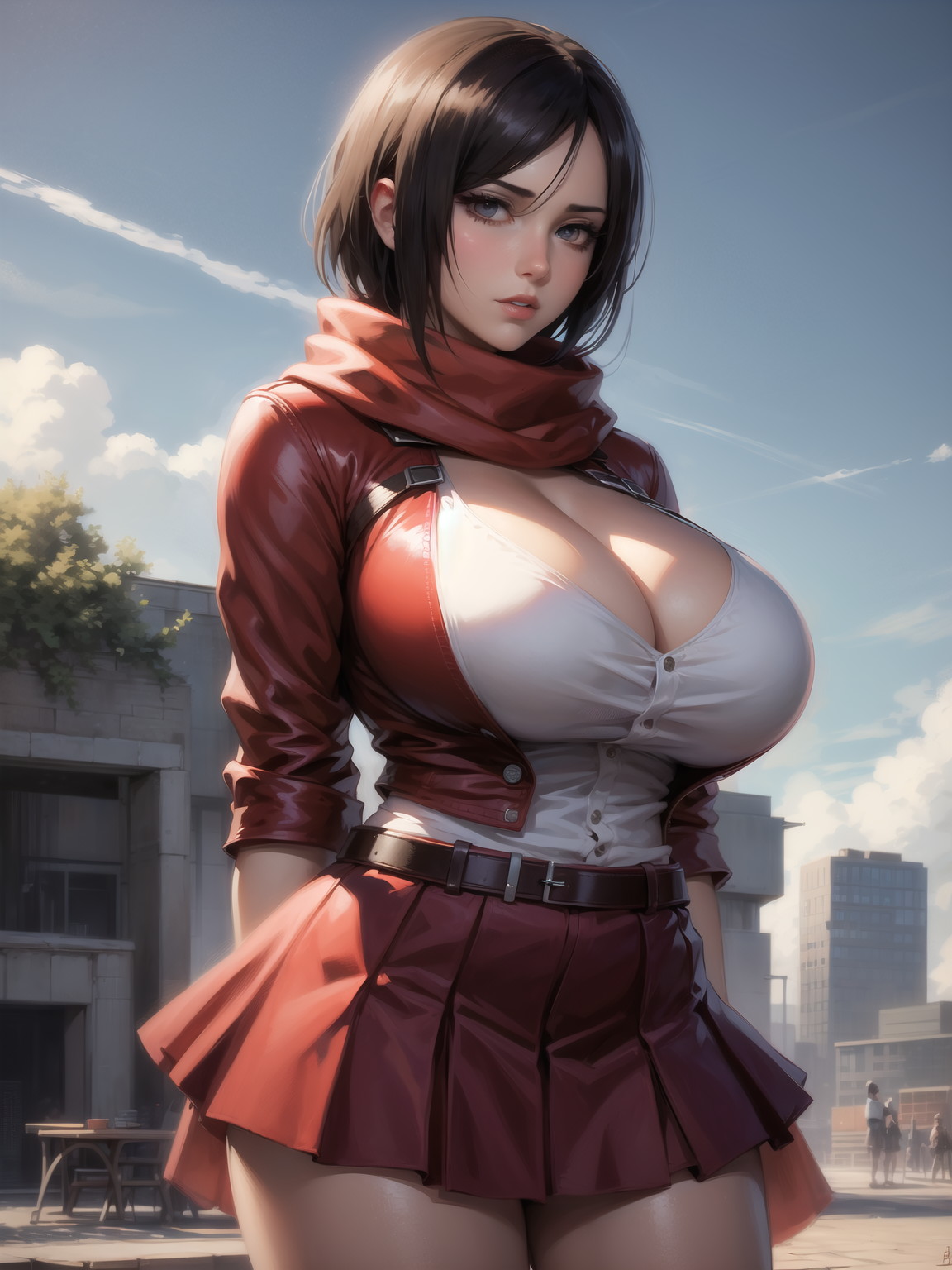 ai generated, attack on titan, big breasts, breasts, cleavage, female, mikasa ackerman, scarf, skirt, xepon real