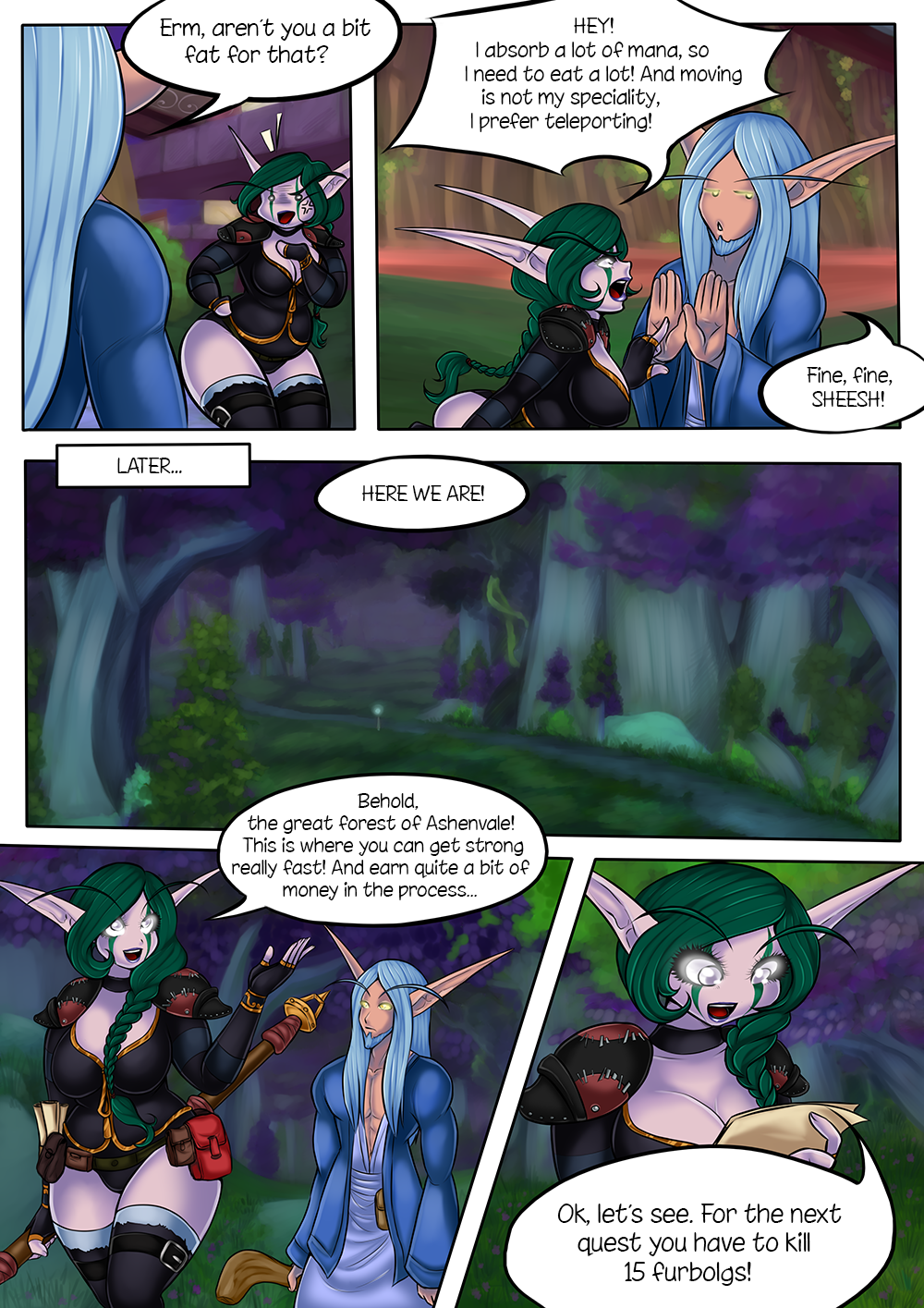 1boy 1girls blizzard_entertainment chubby comic comic_page cupcake992 dialogue green_hair lytasima night_elf original_character purple_skin thick_thighs warcraft world_of_warcraft