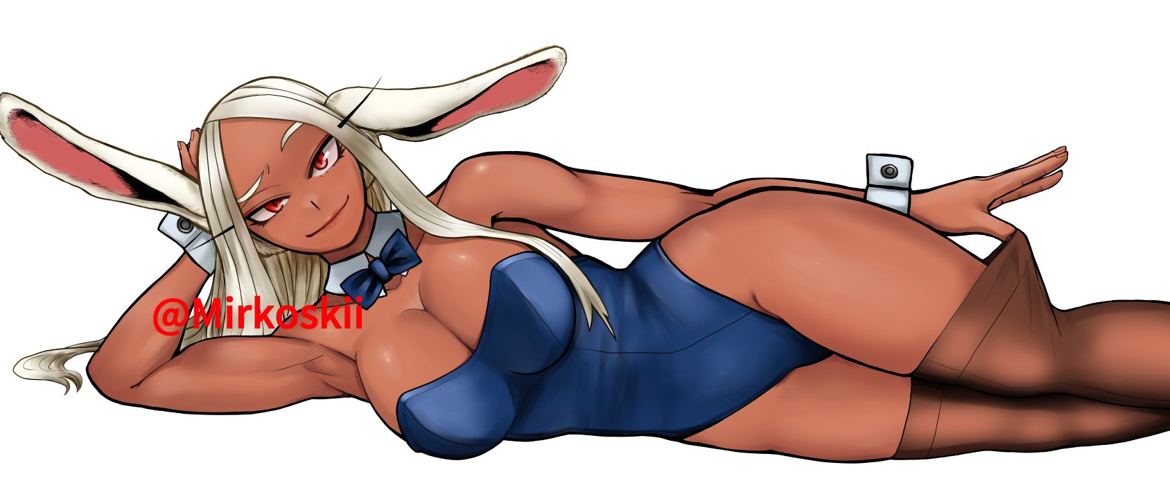1girls, animal ears, armpits, bare shoulders, big breasts, blue leotard, boku no hero academia, bow, bowtie, breasts, brown thighhighs, cleavage, collar, collarbone, dark skin, dark-skinned female, detached collar, eyelashes, female, hand on own head, head rest, highleg, highleg leotard, highres, hips, kyoujin momiji man masumi, large breasts, leotard, lips, long ears, long eyelashes, long hair, looking at viewer, lying, miruko, my hero academia, on side, parted bangs, playboy bunny, rabbit ears, rabbit girl, raised eyebrow, red eyes, rumi usagiyama, smile, solo, strapless, strapless leotard, teasing, teasing viewer, thighhighs, thighhighs pull, thighs, toned, traditional bowtie, usagiyama rumi, white background, white hair, wide hips, wrist cuffs