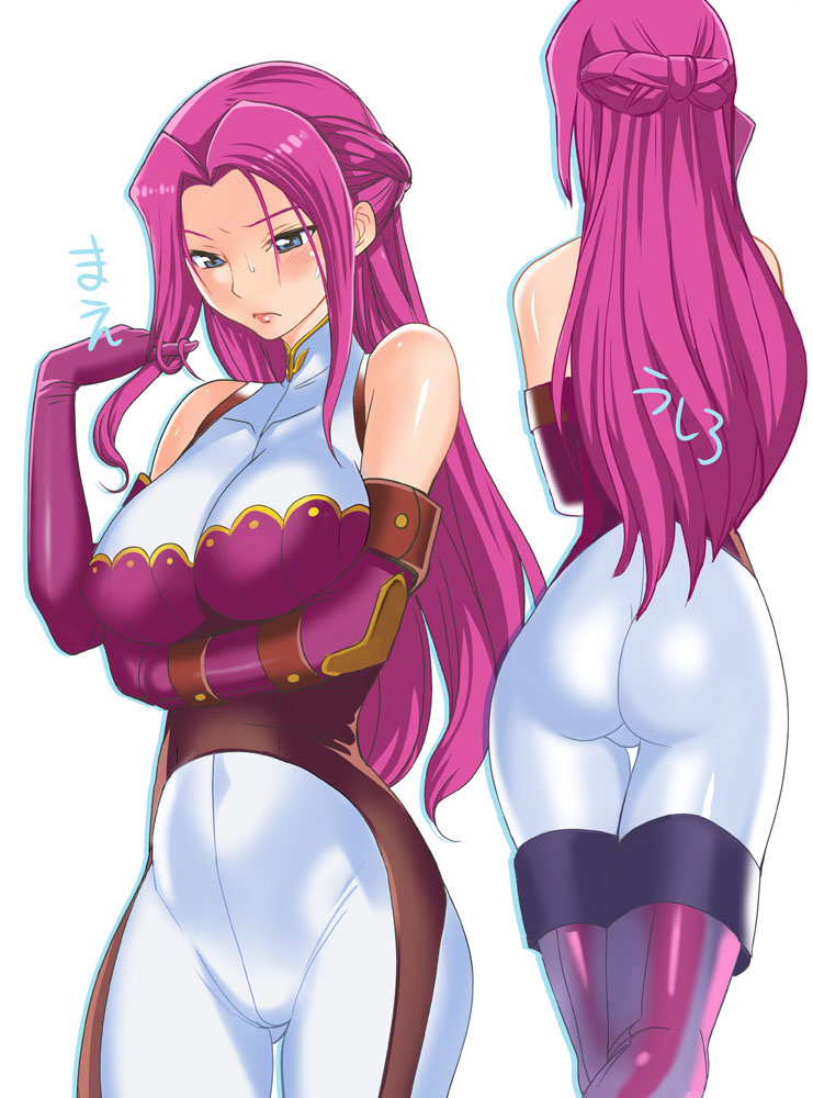 1girls, ass, bare shoulders, blue eyes, blush, bodysuit, boots, breast hold, breasts, code geass, cornelia li britannia, elbow gloves, female, gloves, impossible clothes, large breasts, long hair, pink gloves, playing with own hair, purple eyes, purple hair, robina, shiny clothes, skin tight, solo, spandex, thigh boots, thighhighs