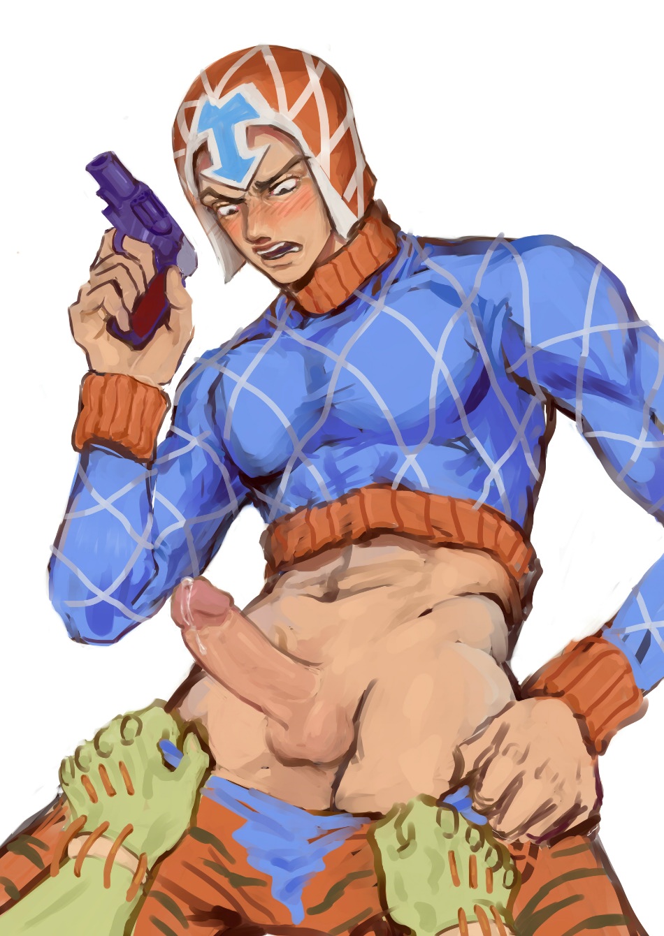 1boy alternate_version_available blush chenchen_(artist) embarrassed erection guido_mista holding_gun jojo's_bizarre_adventure male male_only pants_down penis precum secco vento_aureo