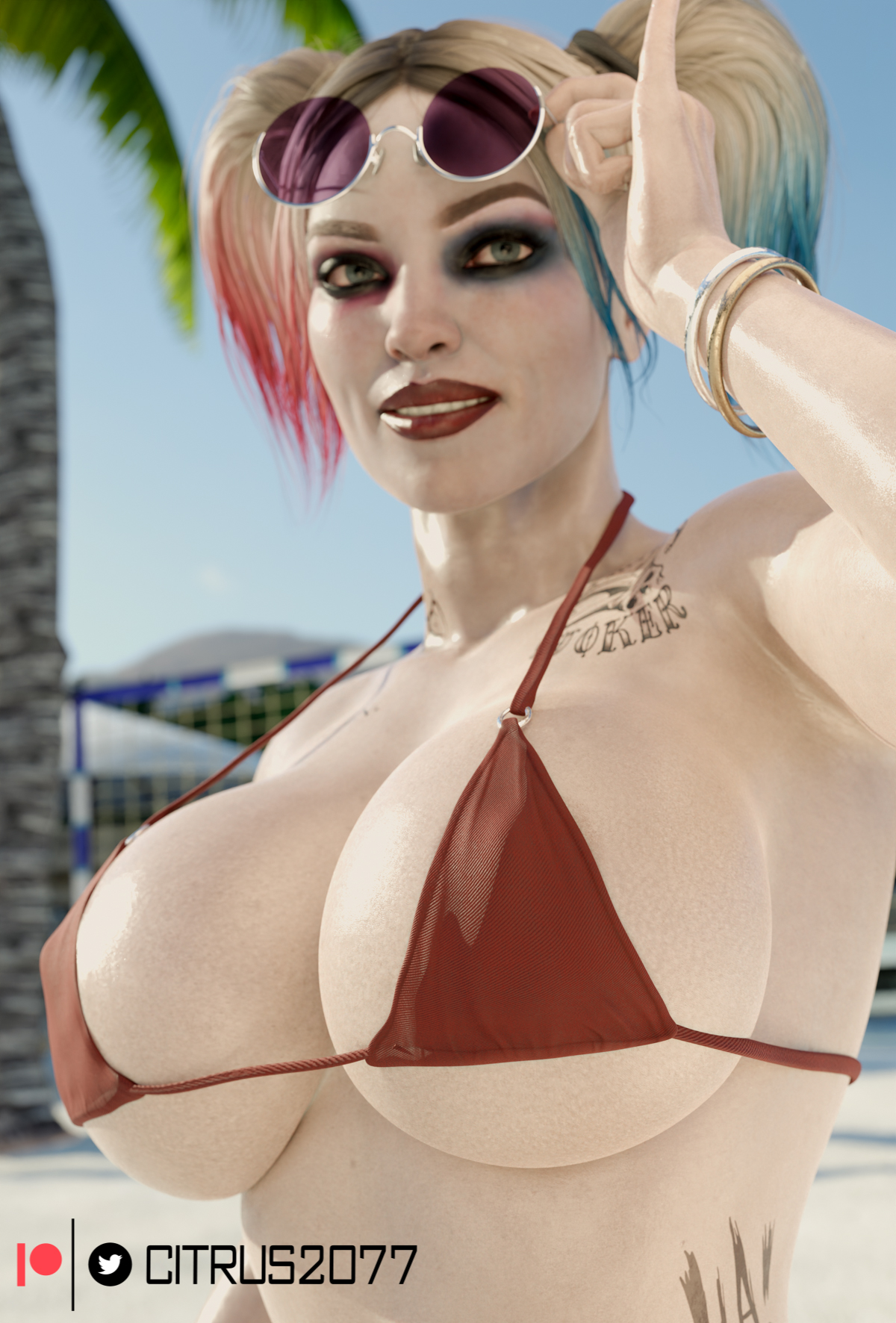 1girls, 3d, abs, absurd res, ass, batman (series), beach, big ass, big breasts, bikini, blonde hair, breasts, citrus2077, dc, dc comics, eyewear on head, female, female only, harley quinn, harley quinn (injustice), hi res, huge breasts, injustice 2, large breasts, light skin, light-skinned female, nipples, pale skin, pale-skinned female, solo, sunglasses, sunglasses on head, swimsuit, tattoo, tattoos, thick thighs, twintails, voluptuous, wide hips