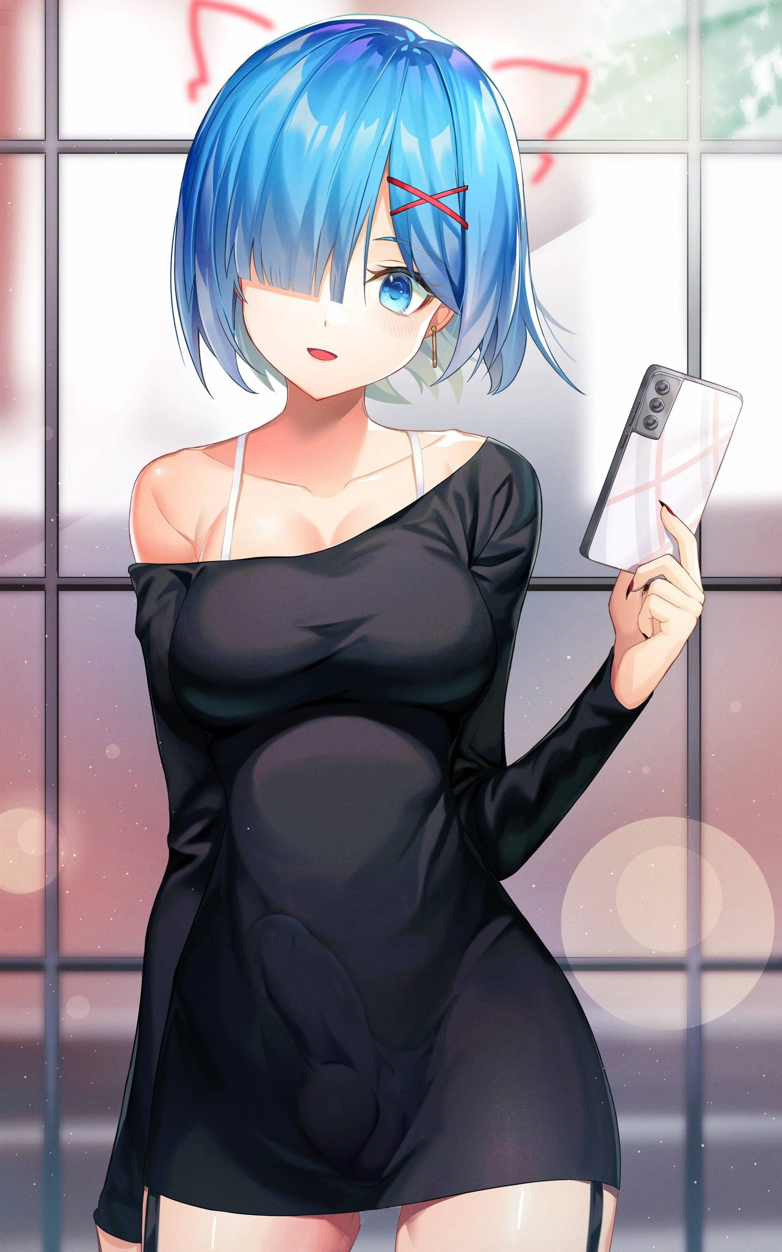 1futa, ai generated, artist request, balls, big penis, blue eyes, blue hair, bottomless, breasts, bulge, clothed, clothing, edit, futa only, futanari, hair over one eye, human, intersex, light skin, light-skinned futa, matching hair/eyes, mostly clothed, penis, re:zero kara hajimeru isekai seikatsu, rem (re:zero), solo, standing, testicles, third-party edit, tight clothing, x hair ornament