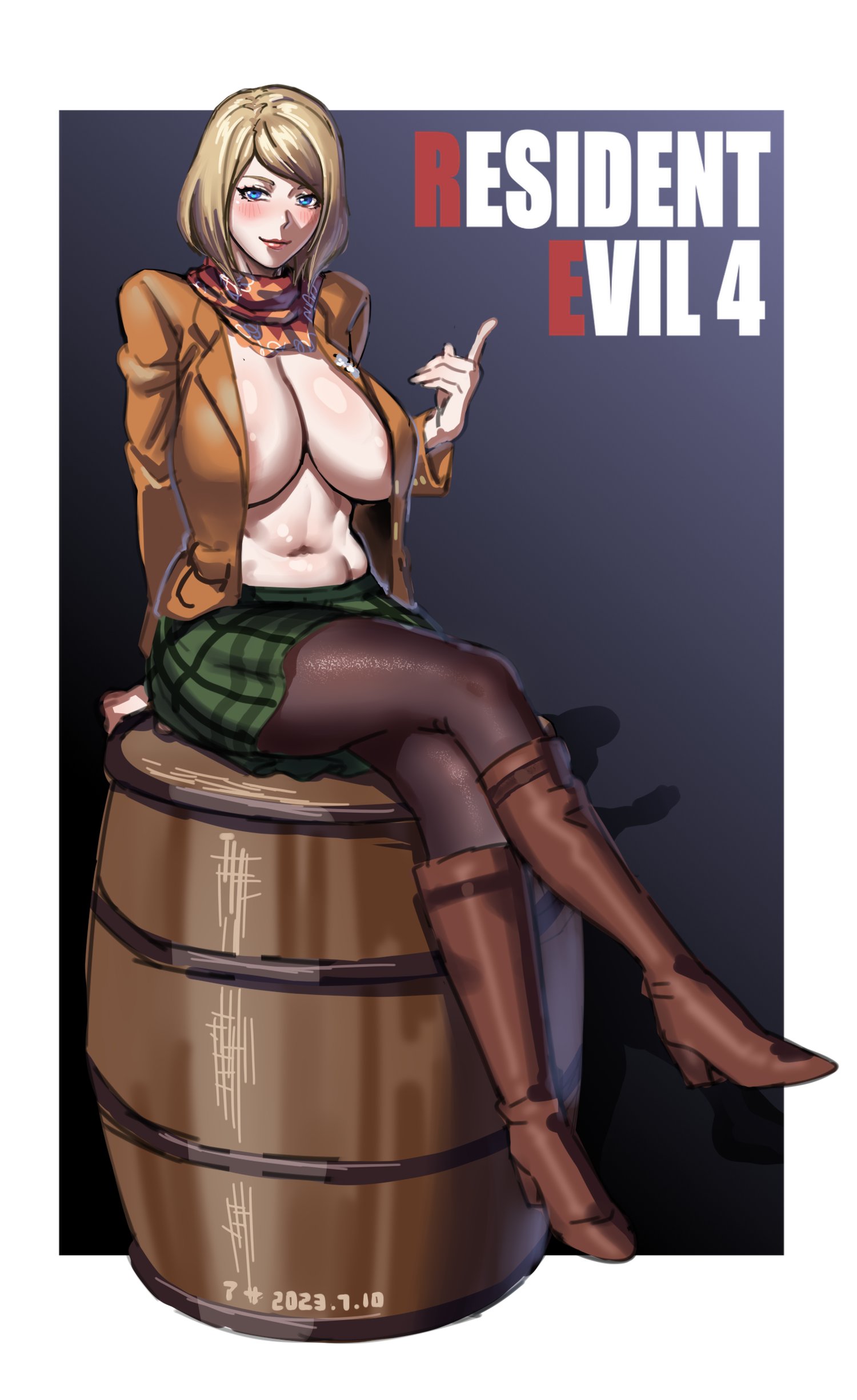 1girls, 2d, asa (teng zi), asanasu, ashley graham, ashley graham (ella freya), barrel, belly, big breasts, blonde hair, boots, breasts, female, high heel boots, human, jacket, large breasts, legs crossed, light skin, light-skinned female, miniskirt, pantyhose, resident evil, resident evil 4, resident evil 4 remake, scarf, shoes, skirt, solo, stockings, straight hair, thighs