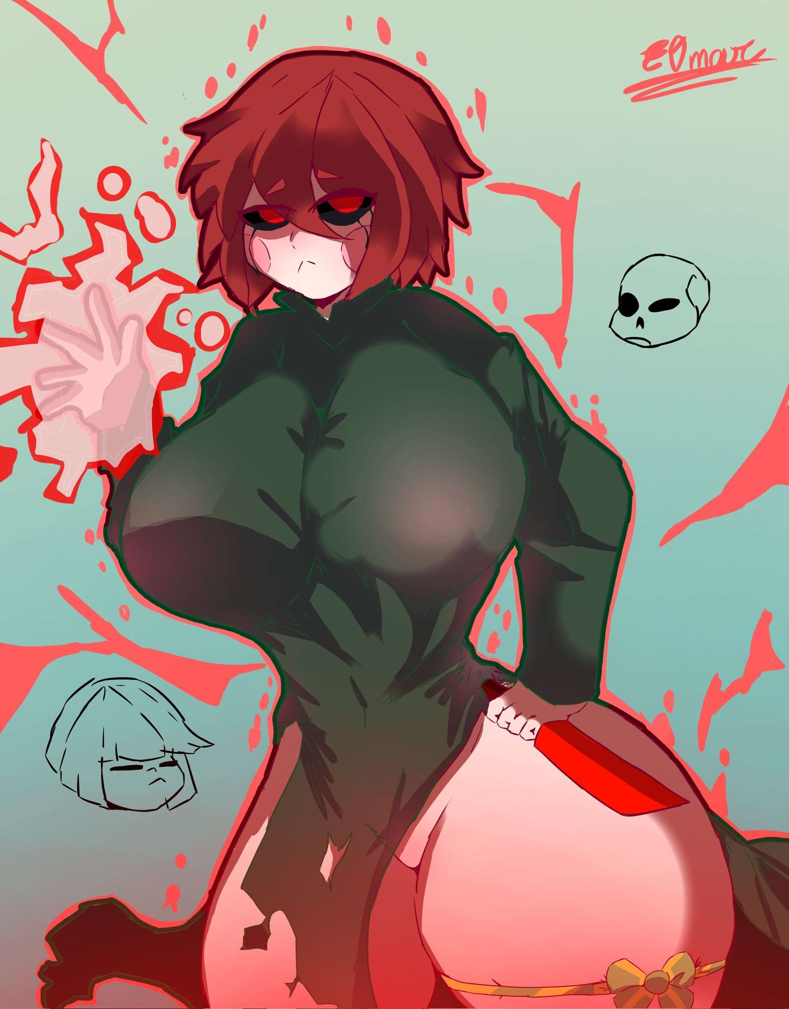 1girls 2023 big_breasts black_sclera brown_hair chara cosplay crossover eosftwit female_chara frisk one-punch_man red_eyes sans tagme tatsumaki tatsumaki_(cosplay) twitter undertale undertale_(series)