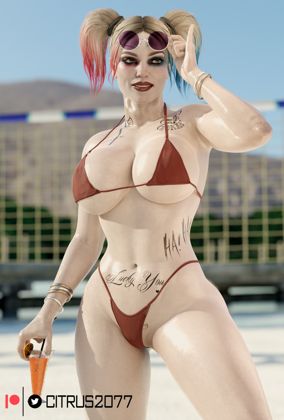 1girls, 3d, abs, absurd res, ass, batman (series), beach, big ass, big breasts, bikini, blonde hair, breasts, citrus2077, dc, dc comics, eyewear on head, female, female only, harley quinn, harley quinn (injustice), hi res, huge breasts, injustice 2, large breasts, light skin, light-skinned female, nipples, pale skin, pale-skinned female, solo, sunglasses, sunglasses on head, swimsuit, tattoo, tattoos, thick thighs, twintails, voluptuous, wide hips