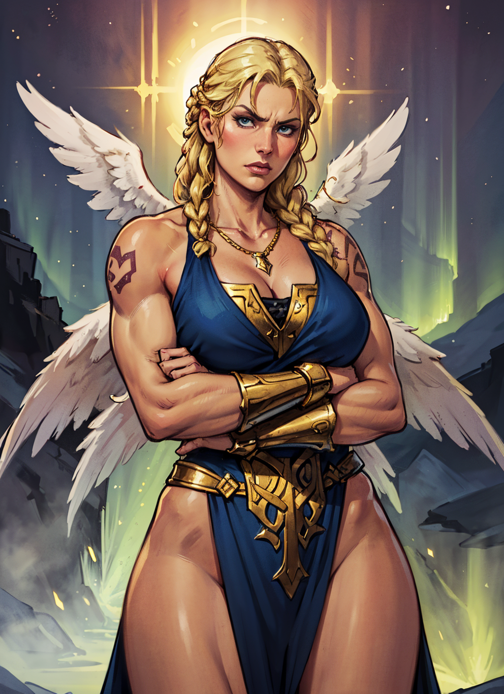 ai_generated angel_wings athletic_female blonde_hair blue_eyes cleavage deity european_mythology female fire freya_(norse_mythology) goddess long_hair mature mature_female medium_breasts mythology necklace night norse norse_mythology outdoors public_domain sole stable_diffusion valkyrie