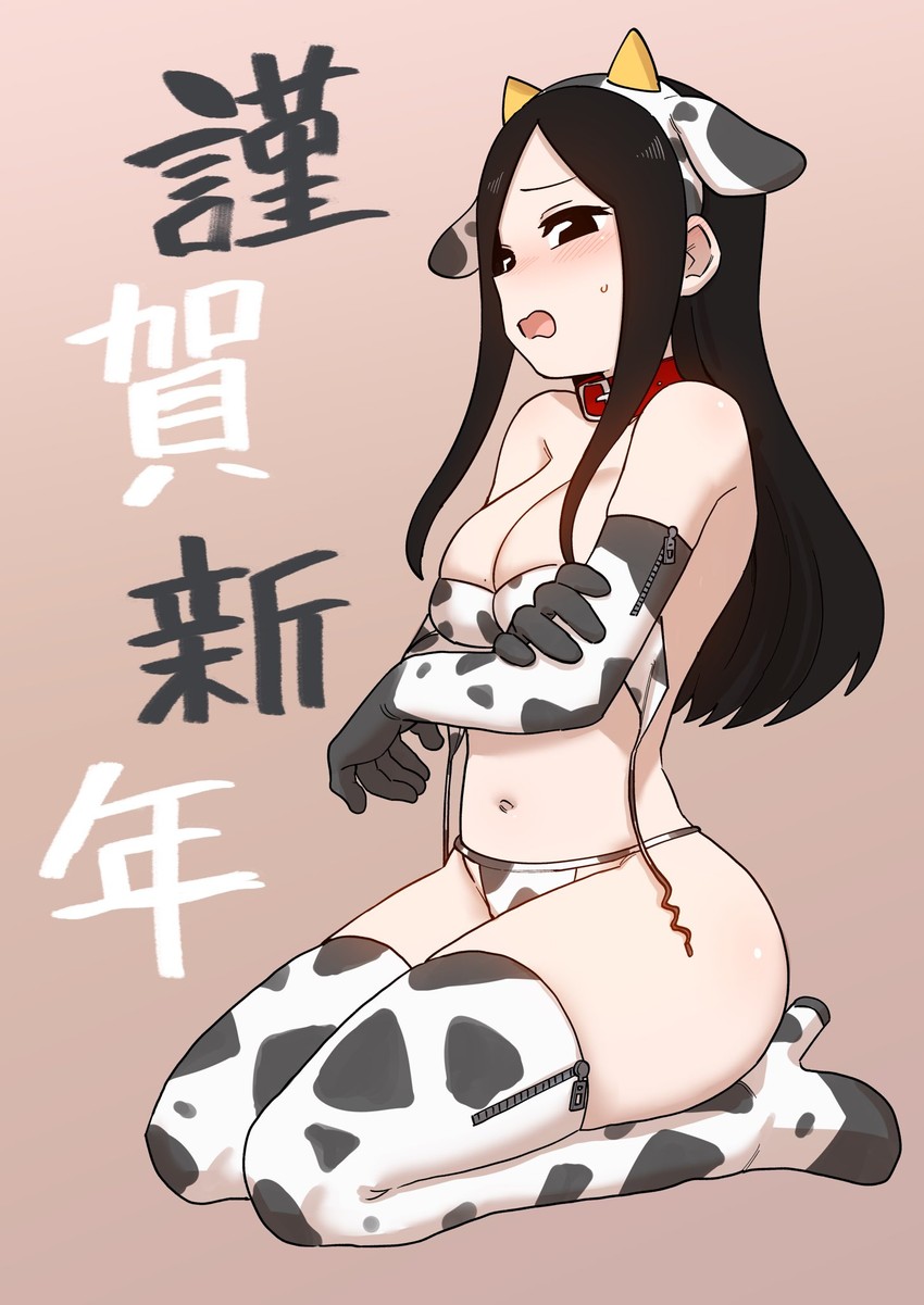 1girls animal_print big_breasts bikini collar cow_print cow_print_armwear cow_print_bikini cow_print_thighhighs cowsuit embarrassed large_breasts light-skinned_female long_hair mature_female my_senpai_is_annoying sakurai_touko senpai_ga_uzai_kouhai_no_hanashi shiromanta slim_waist thick_thighs thigh_boots thighhighs