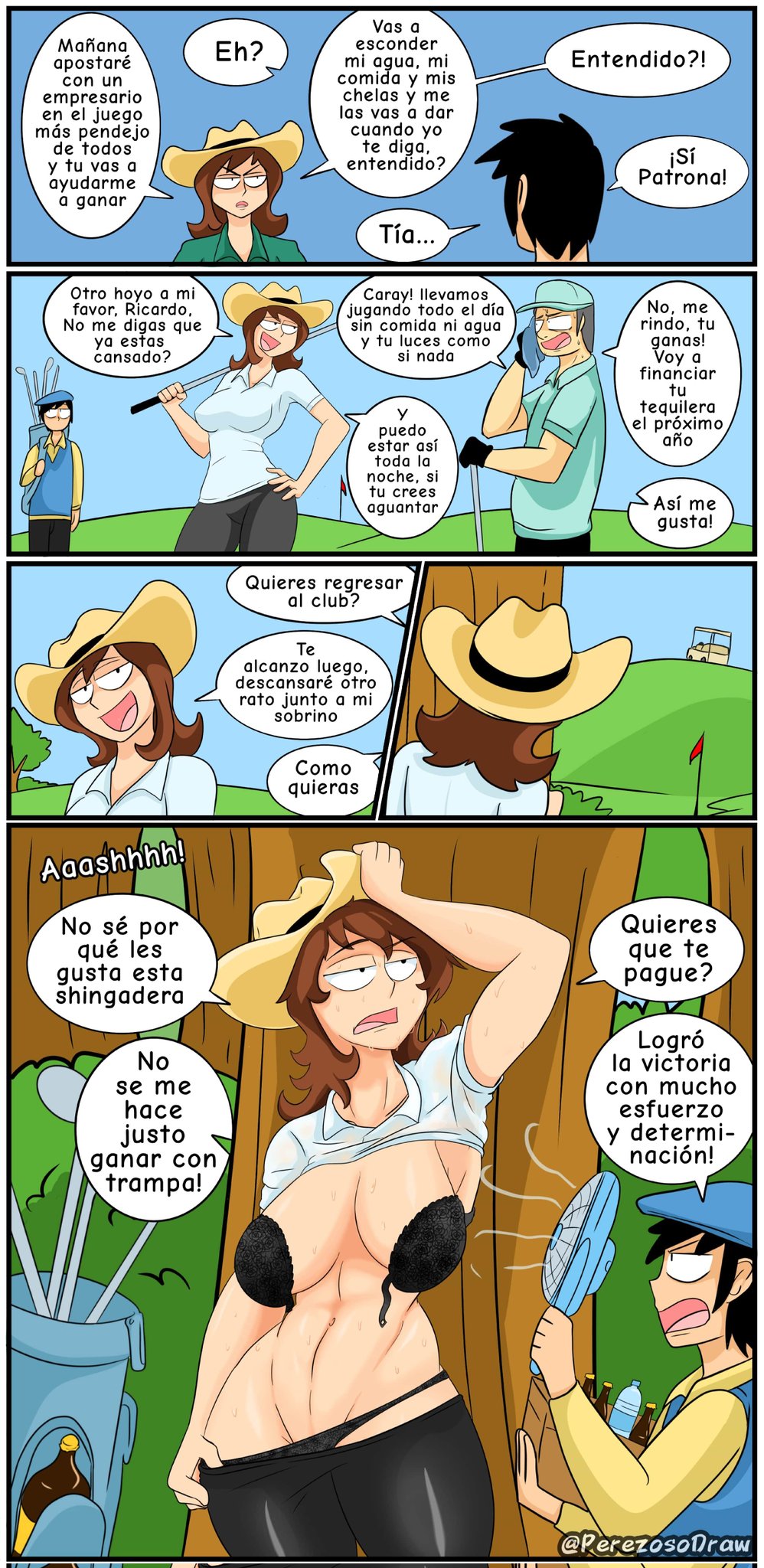 black_bra black_pants brown_hair colored cowgirl_hat eyebrows eyebrows_visible_through_hair female forest golf golf_cart golf_club grass green_shirt perezosodraw perezosodraw portable_fan soda_bottle spanish_dialogue spanish_text sweat sweatdrop sweating water_bottle white_shirt white_skin white_skinned_female woods