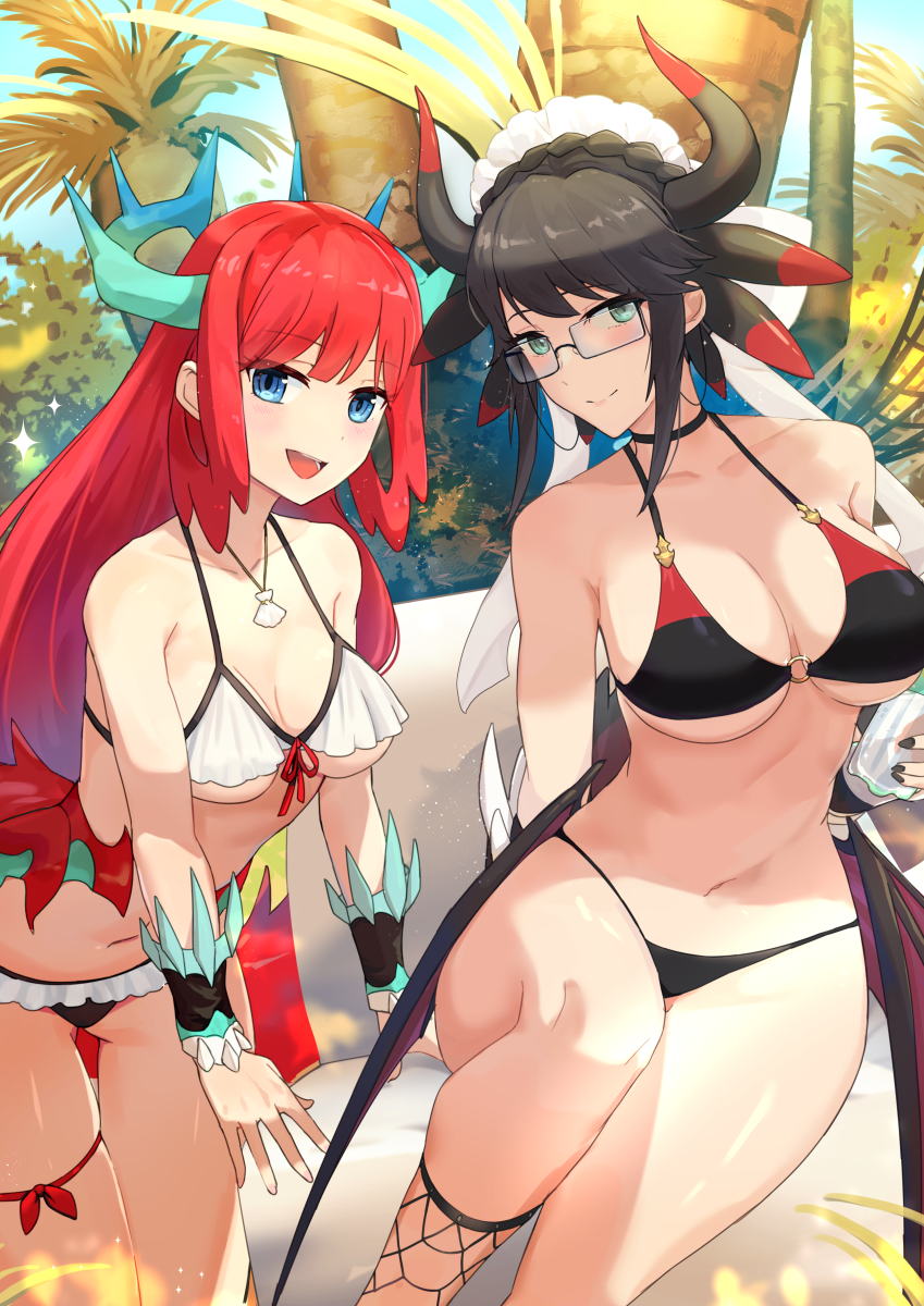 2girls beach big_breasts bikini black_hair blue_eyes blush collar collarbone colored dragon dragon_girl dragonmaid_series_(yu-gi-oh!) duel_monster female female_only green_eyes hi_res horn house_dragonmaid hsin huge_breasts kitchen_dragonmaid looking_at_viewer maid_headdress necklace red_hair smile smooth_skin two_piece_swimsuit wings yu-gi-oh! yuri