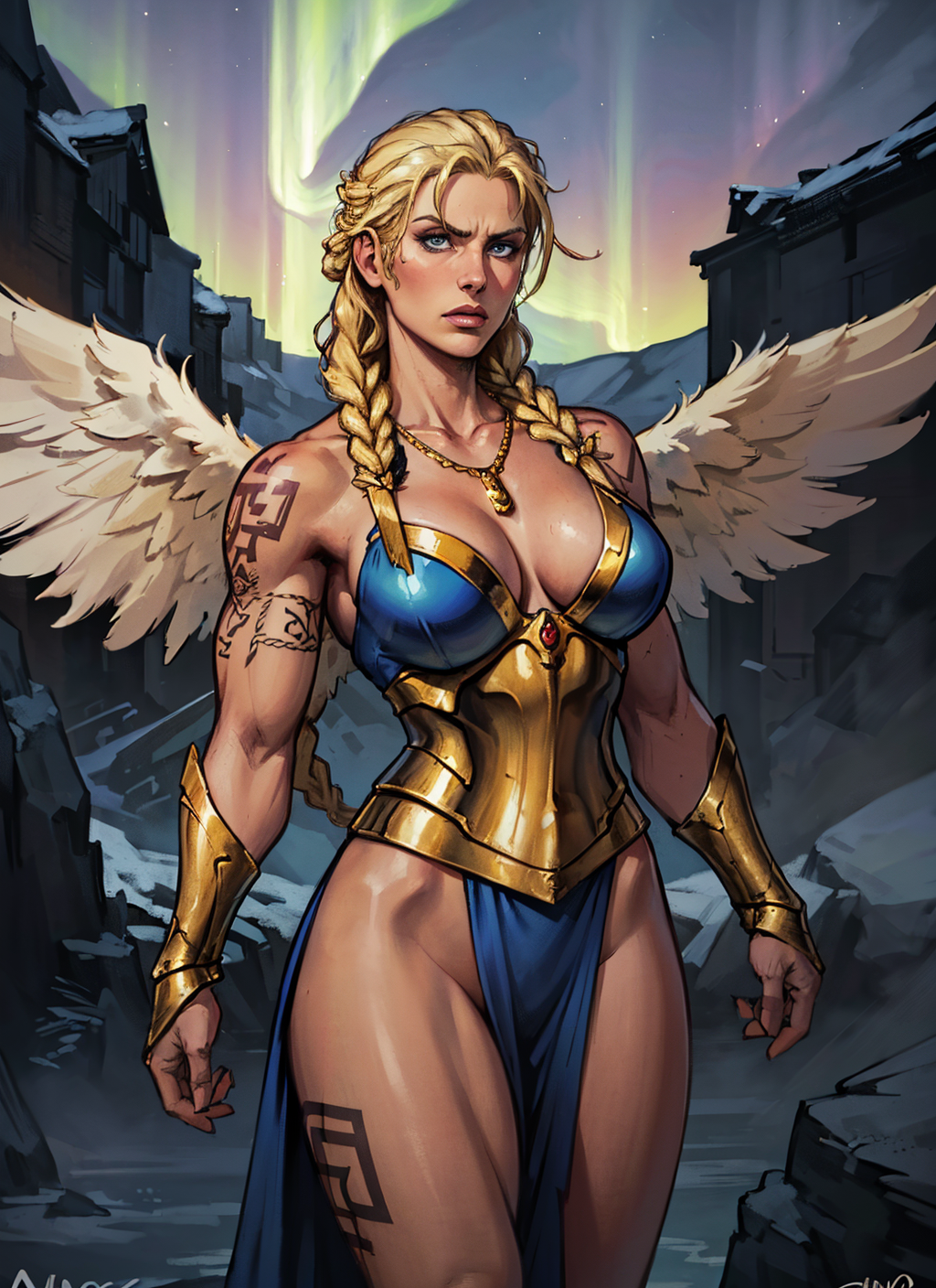 ai_generated angel_wings athletic_female blonde_hair blue_eyes cleavage female fire freya_(norse_mythology) goddess long_hair mature mature_female medium_breasts mythology necklace night norse norse_mythology outdoors sole stable_diffusion valkyrie