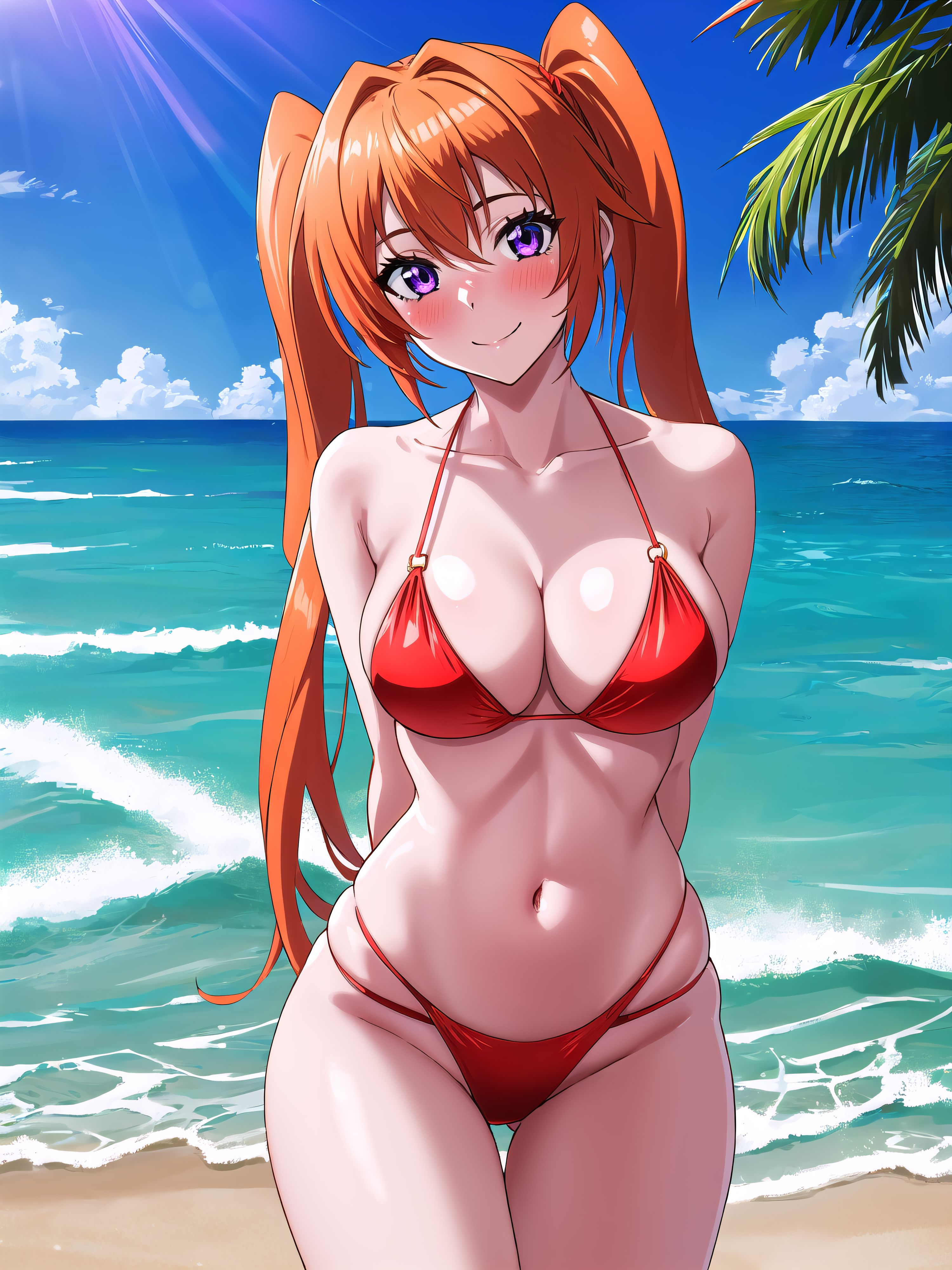 1girls, ai generated, arms behind back, beach, big breasts, bikini, breasts, busty, cleavage, female, female only, high school dxd, large breasts, legs, light skin, light-skinned female, long hair, looking at viewer, navel, ocean, orange hair, purple eyes, red bikini, shidou irina, smile, solo, swimsuit, thighs, twintails, voluptuous, water