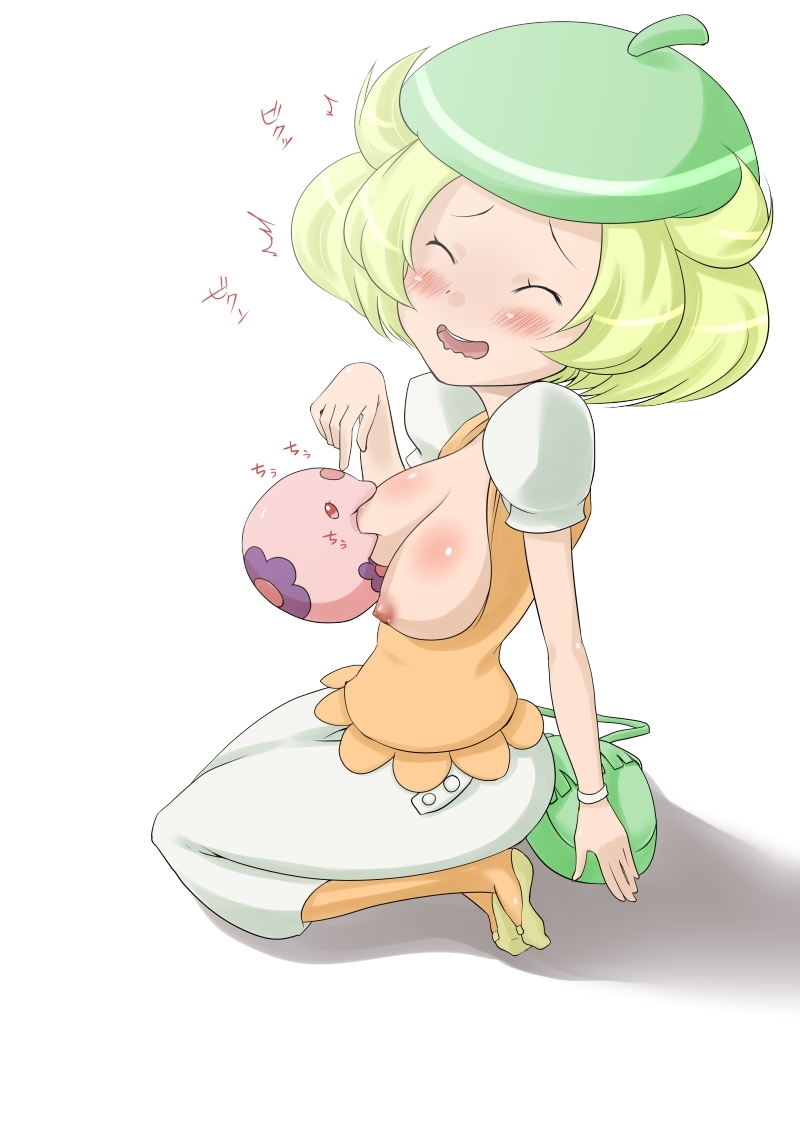 1girls bag beret bianca_(pokemon) blonde_hair blush bracelet breastfeeding breasts dress eyes_closed fingers flower hair munna nipples noppokun1105 pokémon_(species) pokemon short_hair suckling text thick_thighs thighhighs trembling