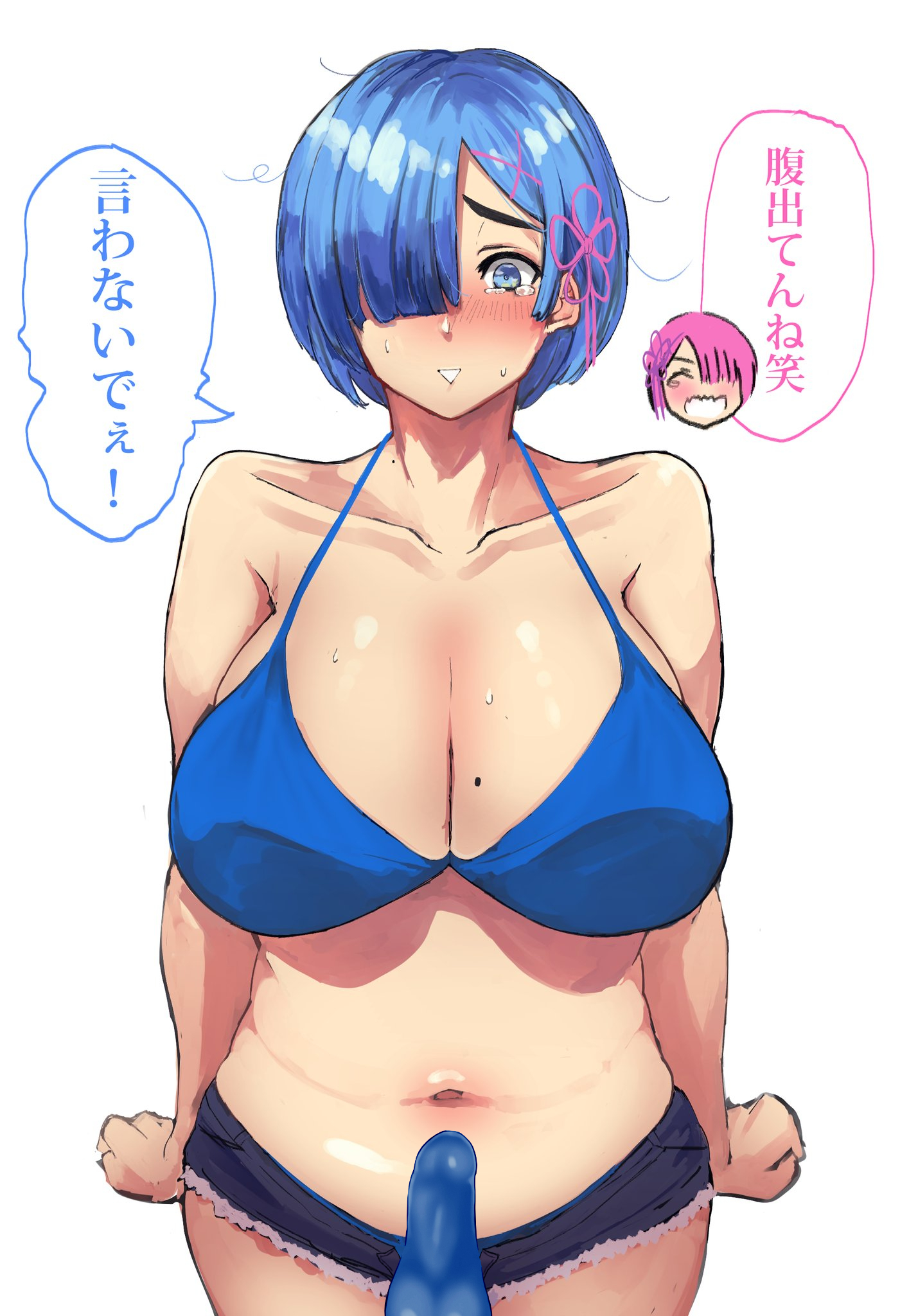 1futa, balls, bare shoulders, blue eyes, blue hair, breasts, bulge, clothed, clothing, dialogue, edit, erection, erection under clothes, futa only, futanari, hair over one eye, hotpants, huge breasts, human, intersex, japanese text, large breasts, light skin, light-skinned futa, mostly nude, oosaki 356, penis, ram (re:zero), re:zero kara hajimeru isekai seikatsu, rem (re:zero), short hair, short shorts, shorts, simple background, solo, standing, swimsuit, text, translation request, white background, x hair ornament