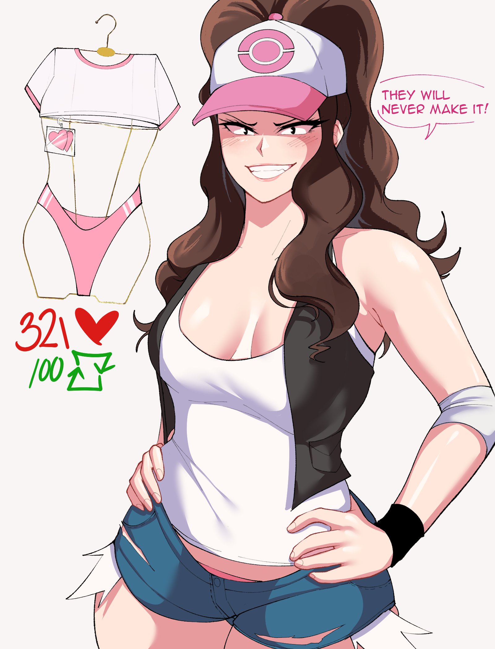 1girls, booty shorts, breasts, brown hair, brown-haired female, clothed, clothed female, female, hilda (pokemon), large breasts, long hair, long ponytail, lord socar, nintendo, pokemon, pokemon b2, ponytail, short shorts, shorts, strip game, tank top