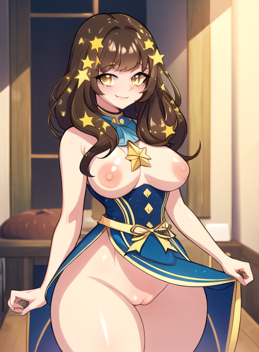 1girls ai_generated big_breasts breasts breasts_out brown_hair dress mimibits nipples pussy skirt smile solo stars tagme virtual_youtuber yellow_eyes