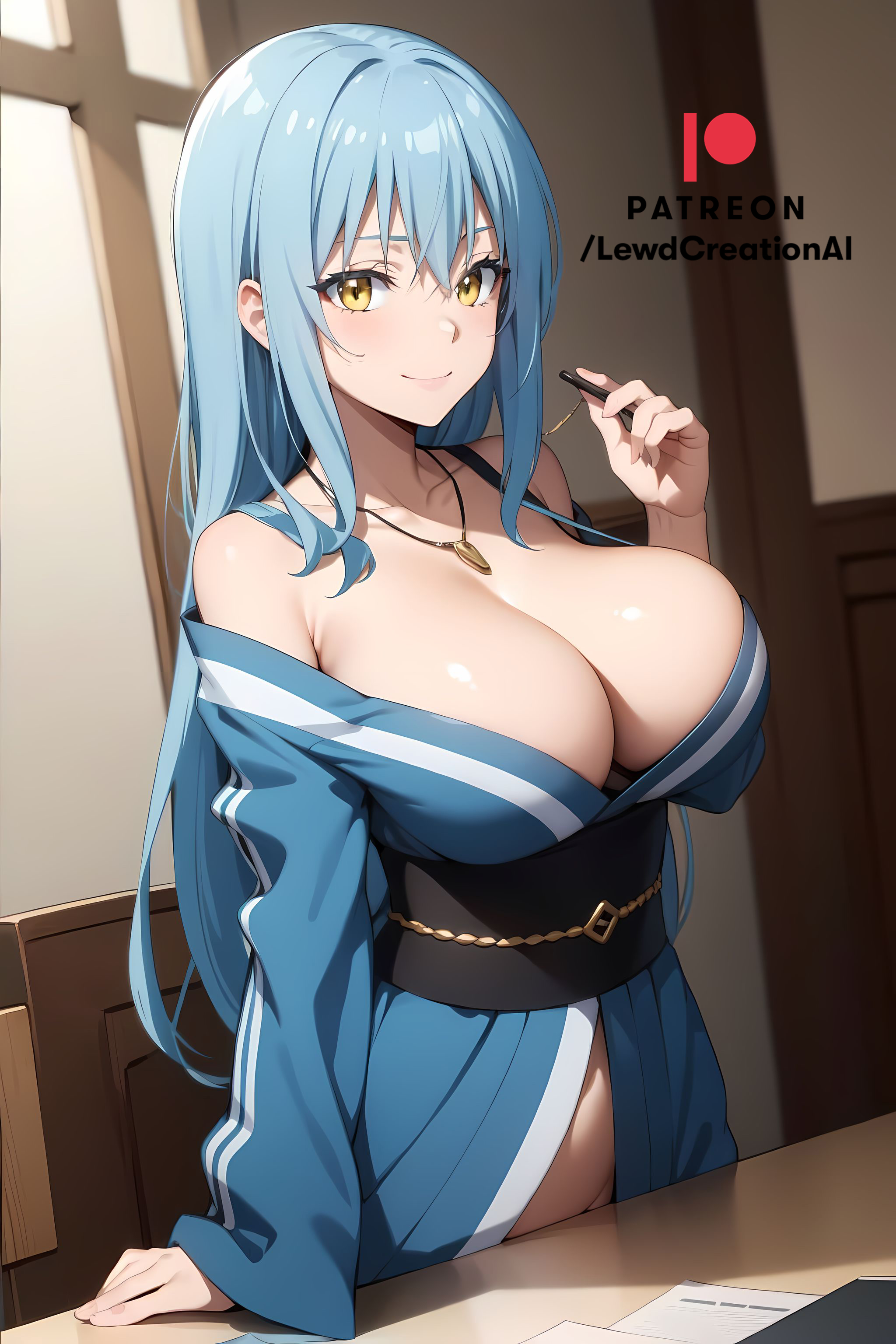 1girls, ai generated, ass, ass focus, big breasts, blue hair, blush, blush lines, blushing at viewer, bodysuit, breasts, cleavage, cleavage cutout, cleavage overflow, covered nipples, curvaceous, curvy, curvy female, curvy figure, erect nipples under clothes, female, from behind, glowing eyes, golden eyes, huge breasts, indoors, kimono, lewdcreationsai, navel, navel visible through clothes, nipple bulge, nipples, nipples visible through clothing, rimuru tempest, shiny, shiny breasts, shiny skin, smile, smiling, smiling at viewer, smirk, smirking, smirking at viewer, solo, solo female, solo focus, tensei shitara slime datta ken, thick, thick ass, thick thighs, thighs, yellow eyes
