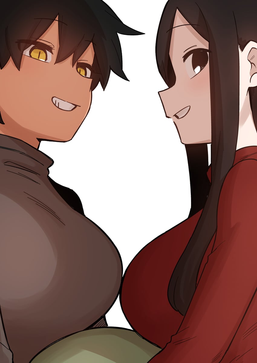 2girls, big breasts, breasts, clothed, clothing, dark skin, dark-skinned female, female, female only, highres, kurobe natsumi, large breasts, light skin, light-skinned female, sakurai touko, senpai ga uzai kouhai no hanashi, shiromanta, short hair, side view, simple background, smile, smiling, teeth, tomboy, very short hair, white background, yellow eyes