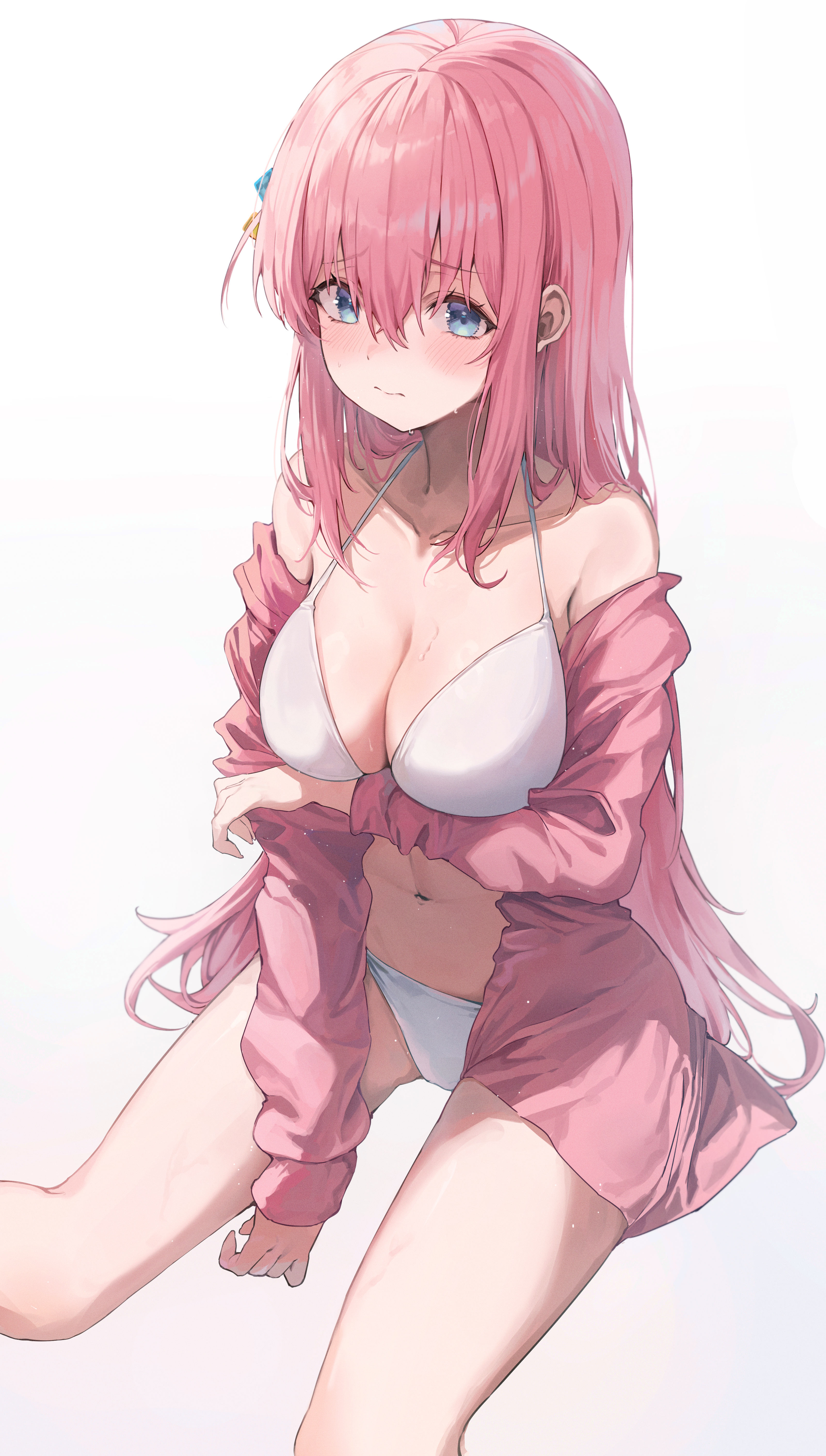 1girls, absurd res, absurdres, blue eyes, blush, bocchi the rock!, bra, breasts, female, gotou hitori, hair accessory, long hair, looking at viewer, panties, pink hair, smooth skin, solo, solo female, solo focus, sweat, swimsuit, two piece swimsuit, white background