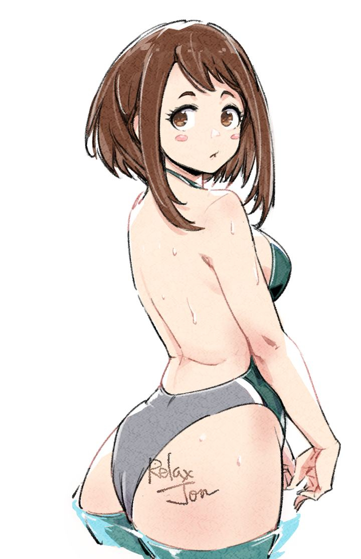 1girls, ass, big ass, breasts, brown eyes, brown hair, brown-haired female, female, light skin, light-skinned female, looking back, medium breasts, my hero academia, ochako uraraka, relaxjon, solo, straight hair, swimsuit, uraraka ochako, water, wet, wide hips