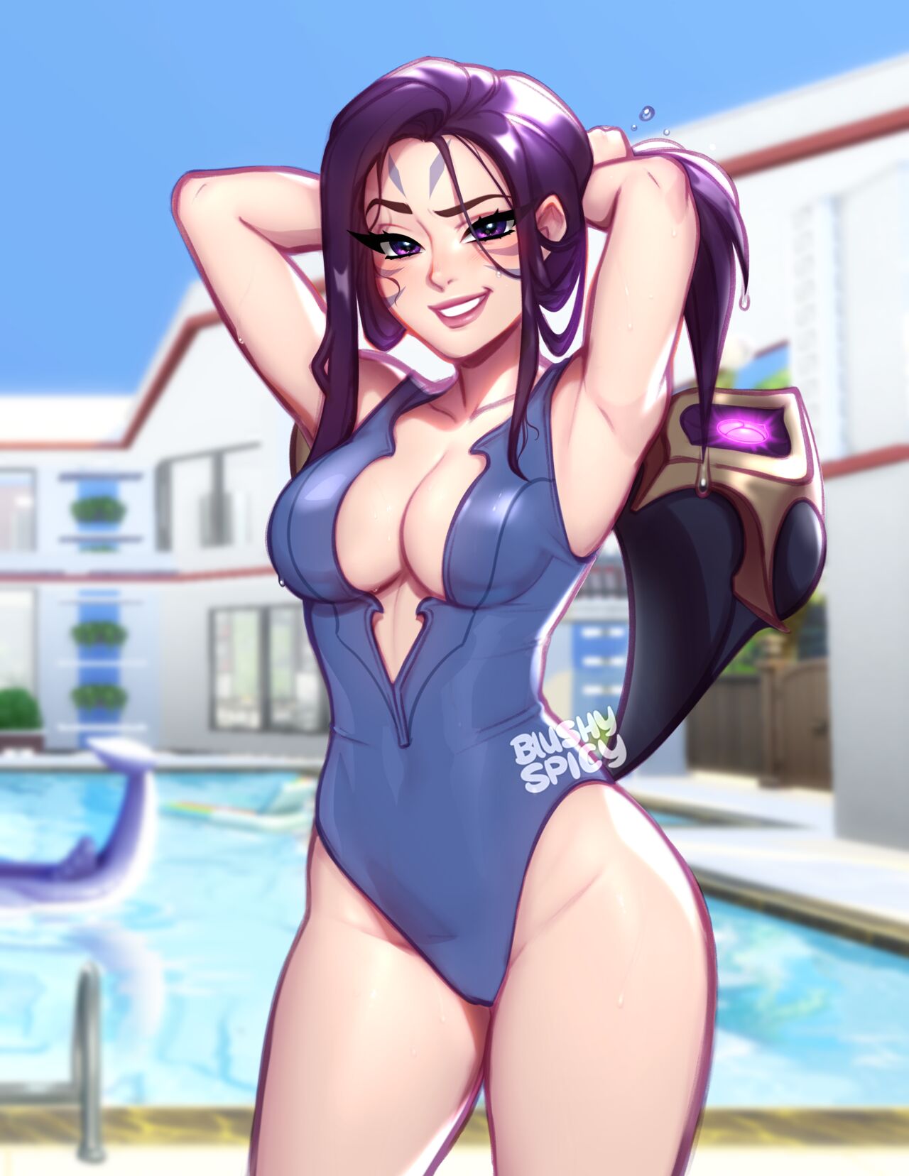 alternate version available, artist logo, artist name, artist signature, blushypixy, blushyspicy, clothed, clothing, female, holding hair, holding object, human, kai'sa, league of legends, looking at viewer, mammal, part of a set, pool, pool party series, poolside, purple eyes, purple hair, standing, textless, textless version