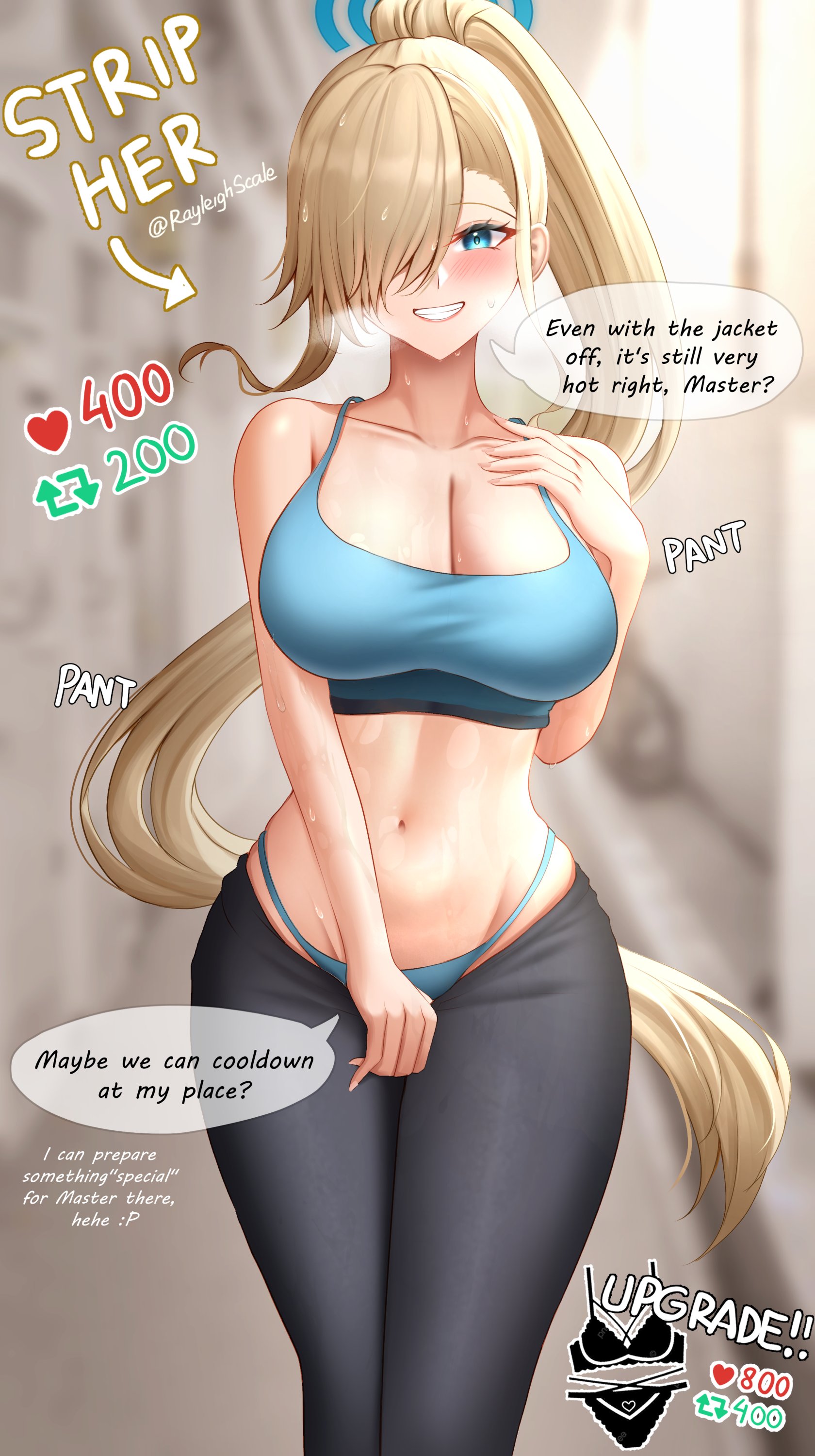 asuna (blue archive), big breasts, blonde hair, blue archive, blue eyes, bra, breasts, cleavage, curvy, english text, female, large breasts, panties, pulling down pants, rayleigh, removing clothing, speech, speech bubble, strip game, sweat, sweating, talking to viewer, text