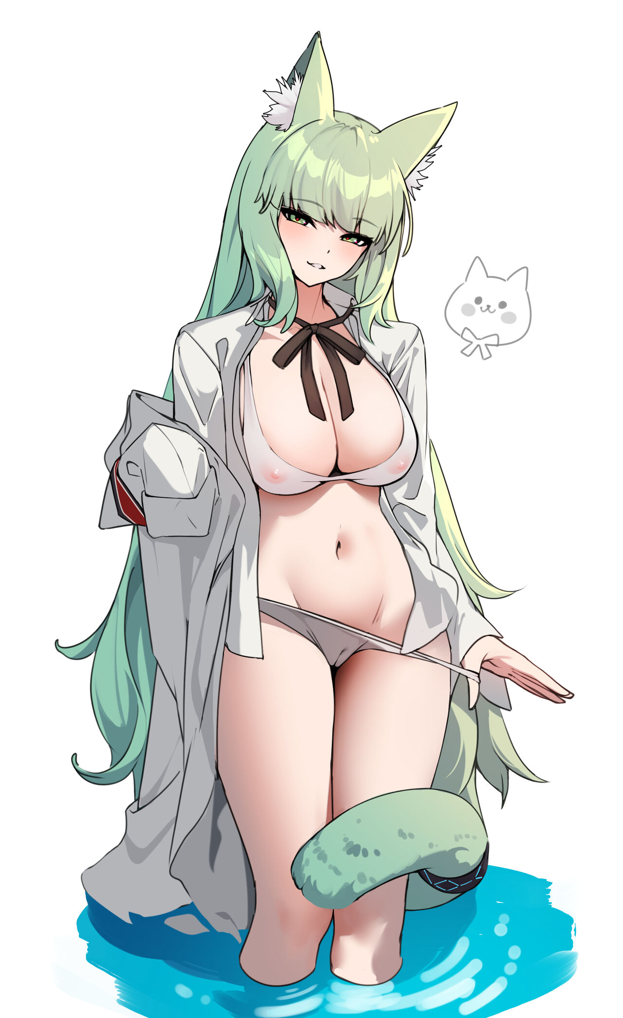 1girls, 2023, animal ear fluff, animal ears, arknights, artist request, big breasts, bra, breasts, carradio2014, cat ears, cat girl, cat tail, catgirl, female, green eyes, green hair, harmonie (arknights), hi res, kemonomimi, light skin, light-skinned female, looking at viewer, midriff, nipples visible through clothing, nude, seductive, shirt open, simple background, smile, standing, tail, undressing