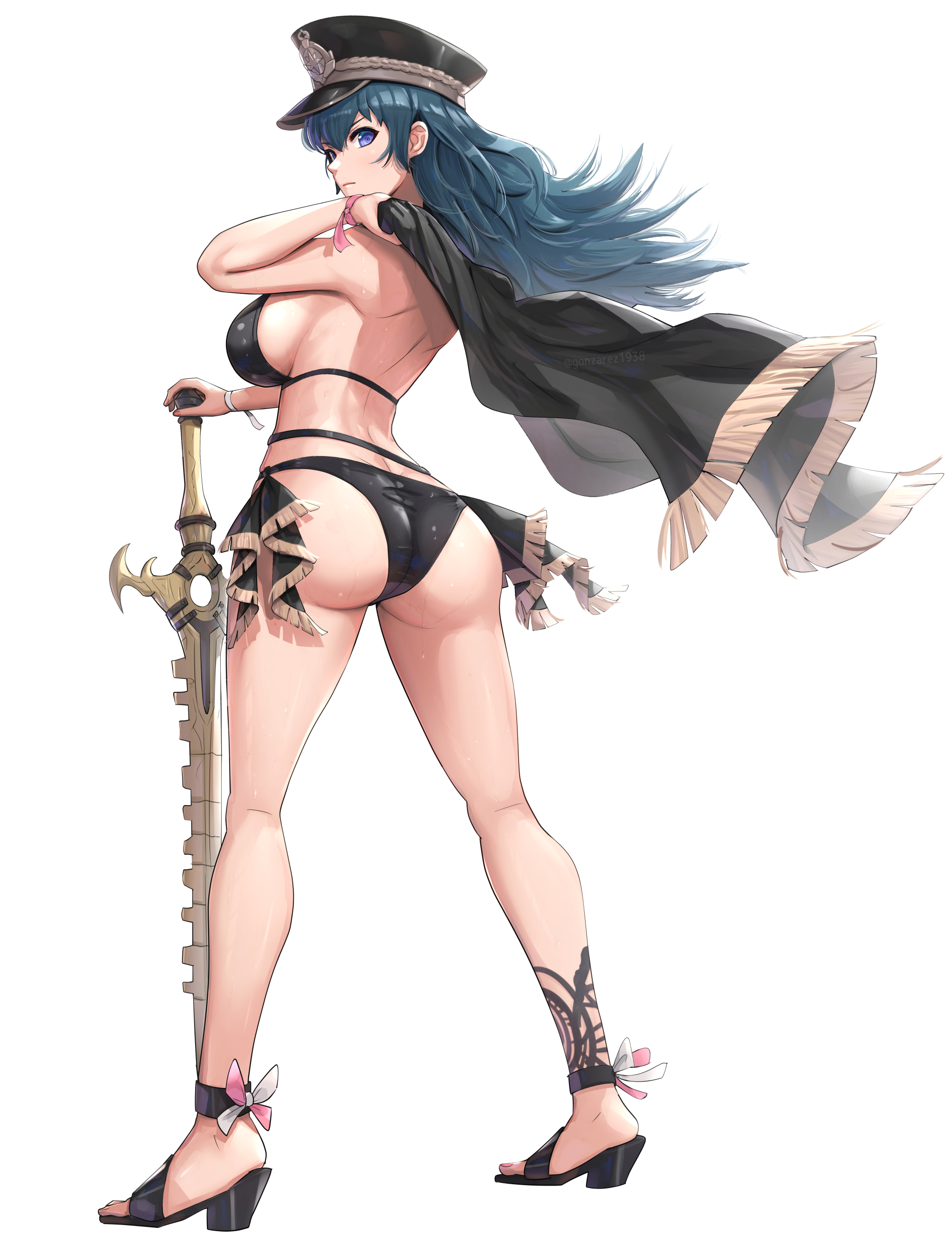 1girls, absurdres, alternate costume, alternate version available, ass, ass focus, back, back view, bikini, black bikini, black swimsuit, blue eyes, breasts, byleth (fire emblem), byleth (fire emblem) (female), female, female only, fire emblem, fire emblem heroes, fire emblem: three houses, from behind, full body, gonzarez, hat, high heels, highres, large breasts, long hair, long legs, looking at viewer, looking back, nintendo, official alternate costume, revision, sandals, shiny skin, sideboob, simple background, solo, standing, swimsuit, sword, sword of the creator, teal hair, thick thighs, weapon, white background