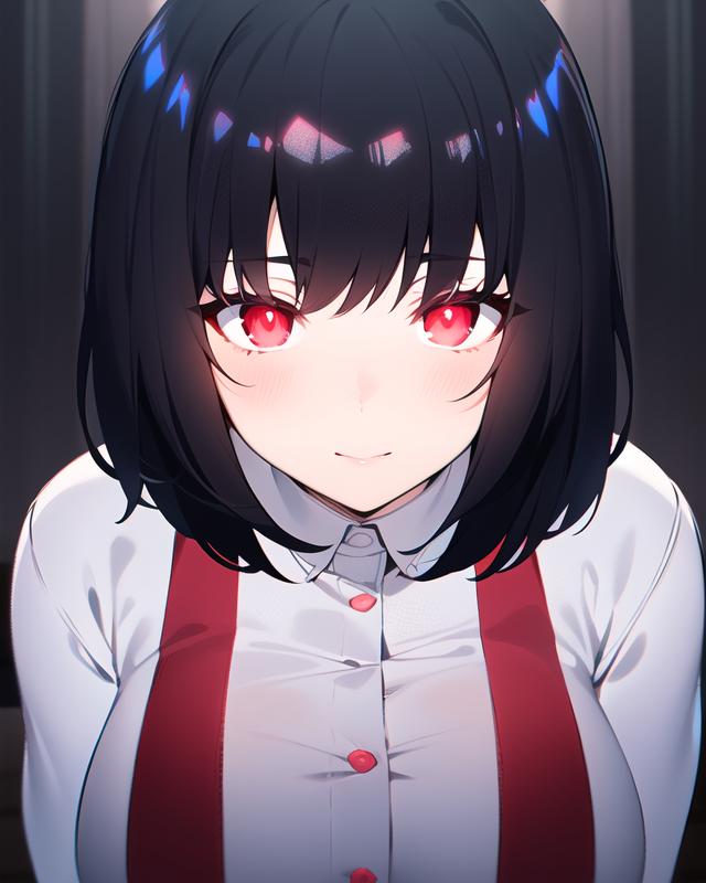 1girls ai_generated black_hair close-up collared_shirt embarrassed eye_contact glowing_eyes hanako-san hentai high_resolution highres huge_breasts looking_at_viewer nai_diffusion overall_skirt pale_skin pov red_eyes short_hair skyrimgamer17 smile smiling_at_viewer stable_diffusion toilet_no_hanako-san toilet_no_hanako-san_vs_kukkyou_taimashi upper_body