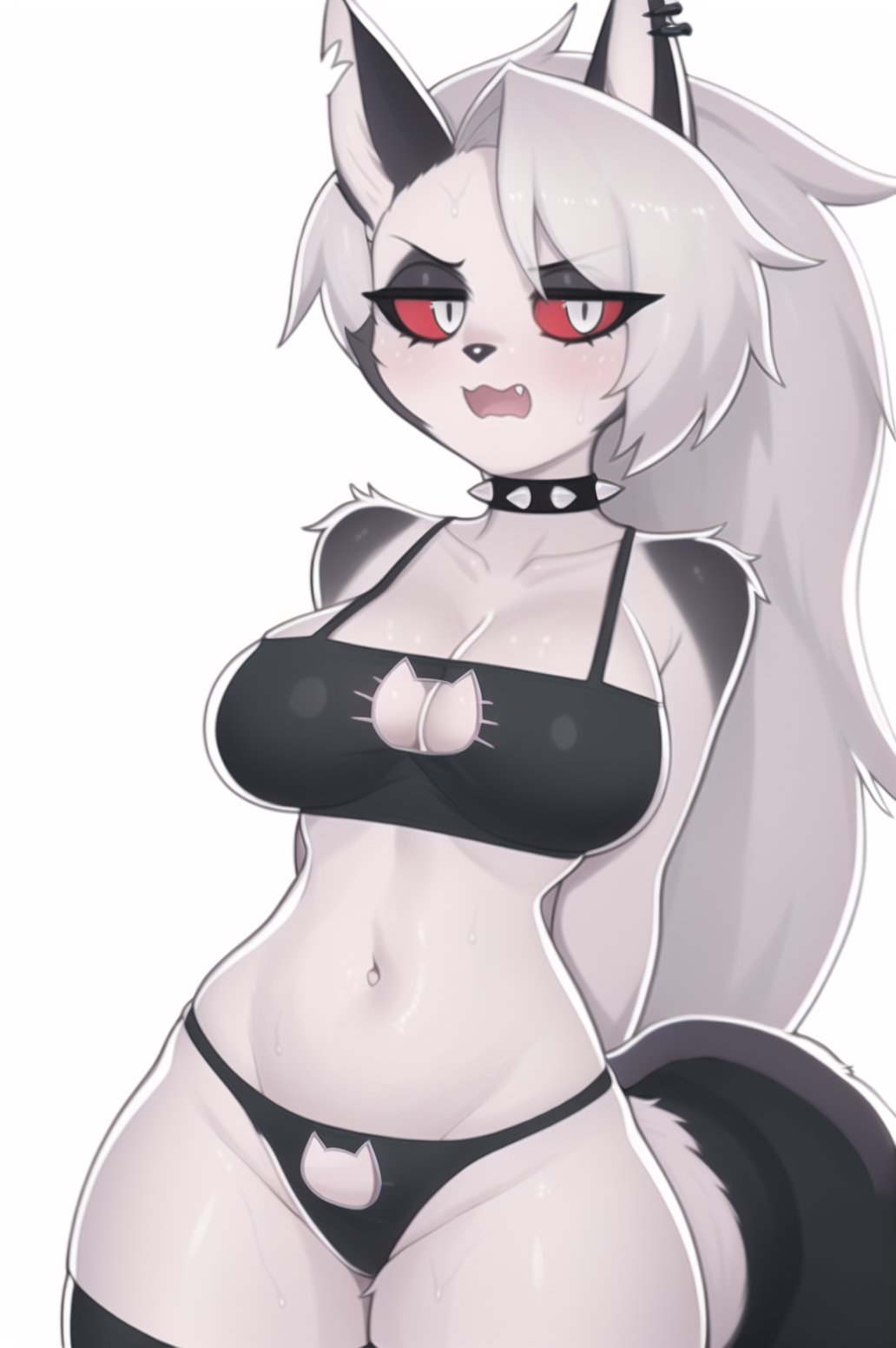 1girls 2023 ai_generated big_breasts breasts canine cat_cutout cleavage cleavage_cutout female female_only furry furry_only grey_body grey_fur grey_hair helluva_boss loona_(helluva_boss) navel red_eyes simple_background soda_uyu spiked_collar sywu02 tail