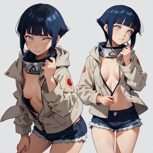 1girls ai_generated breast_peek breasts_apart female female_only hyuuga_hinata hyuuga_hinata(genin) inner_sideboob jacket medium_breasts naruto naruto_(classic) naruto_(series) open_jacket petite round_breasts shorts solo teenage_girl teenager