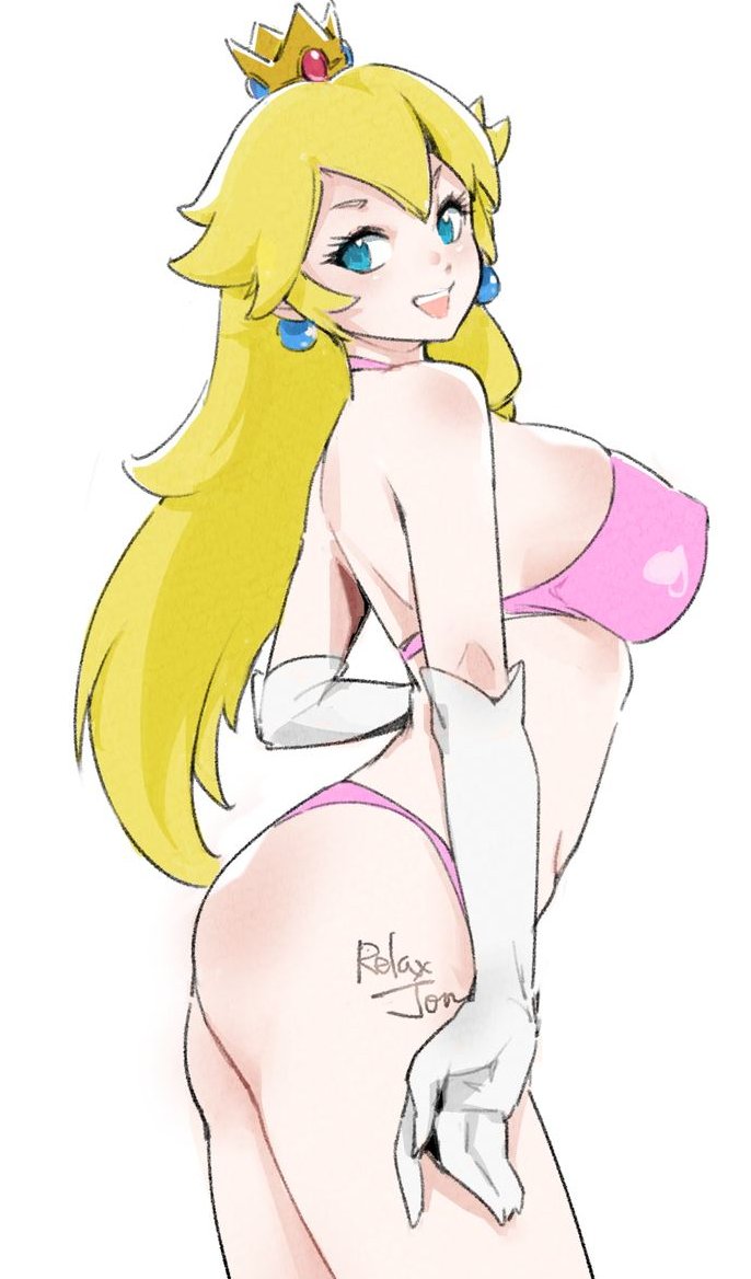 1girls, ass, big breasts, bikini, blonde hair, blonde-haired female, blue eyes, breasts, elbow gloves, female, female only, gloves, long hair, looking at viewer, mario (series), pink bikini, princess peach, relaxjon, side view, sideboob, solo, standing, swimsuit