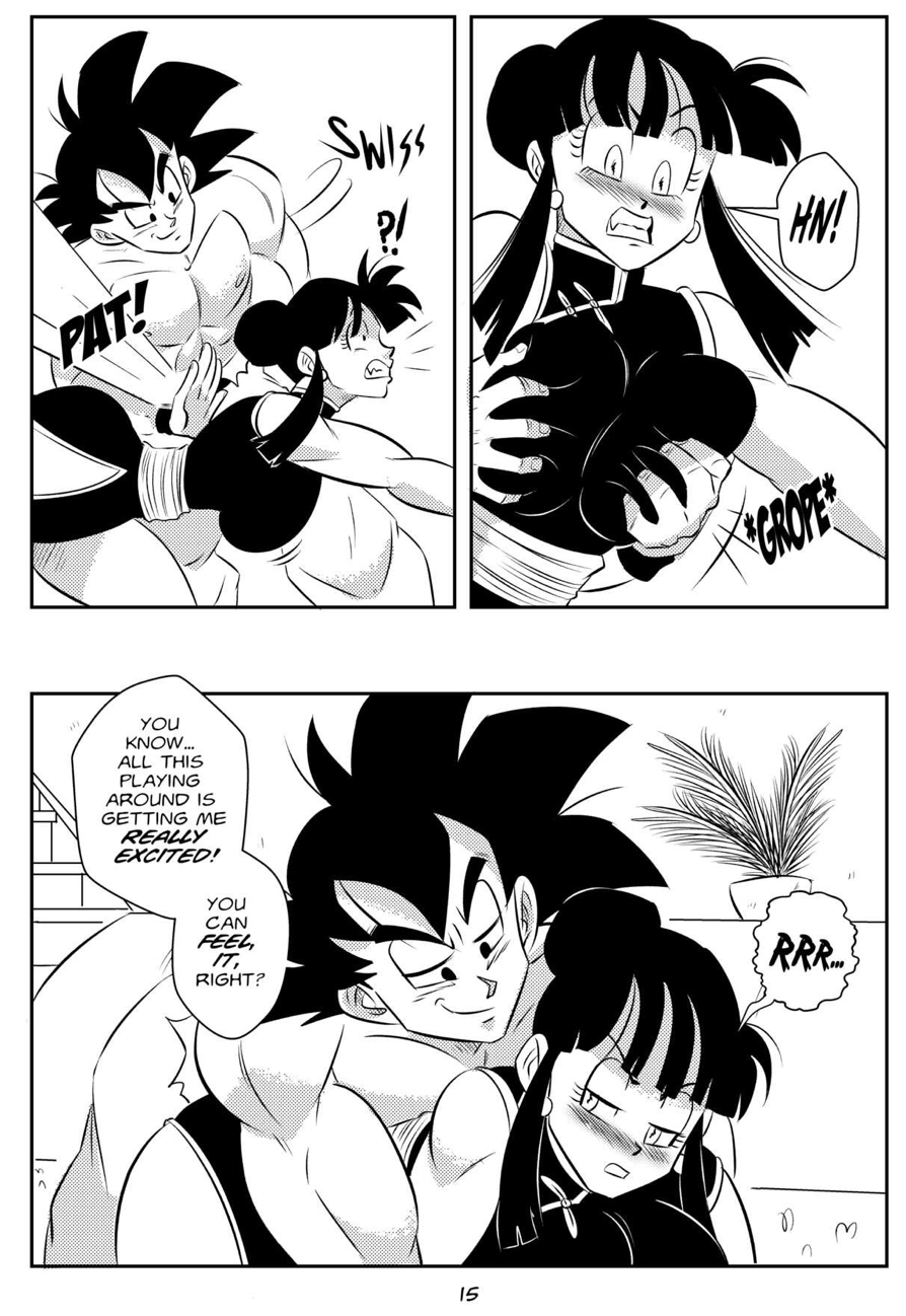 1boy, 1girls, big breasts, black and white, blush, breast grab, breasts, chichi, comic, dragon ball, dragon ball super, dragon ball z, earrings, female, funsexydragonball, grabbing breasts, grabbing from behind, male, monochrome, muscular, muscular male, nipples, page 15, pushing down, son goku