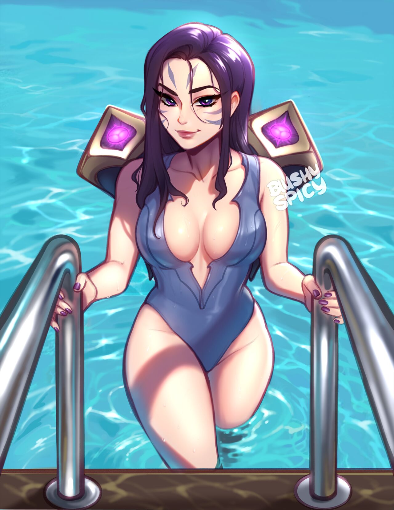 1girls blushypixy blushyspicy clothed clothing holding_object human in_water kai'sa league_of_legends looking_at_viewer mammal pool pool_party pool_party_series poolside standing