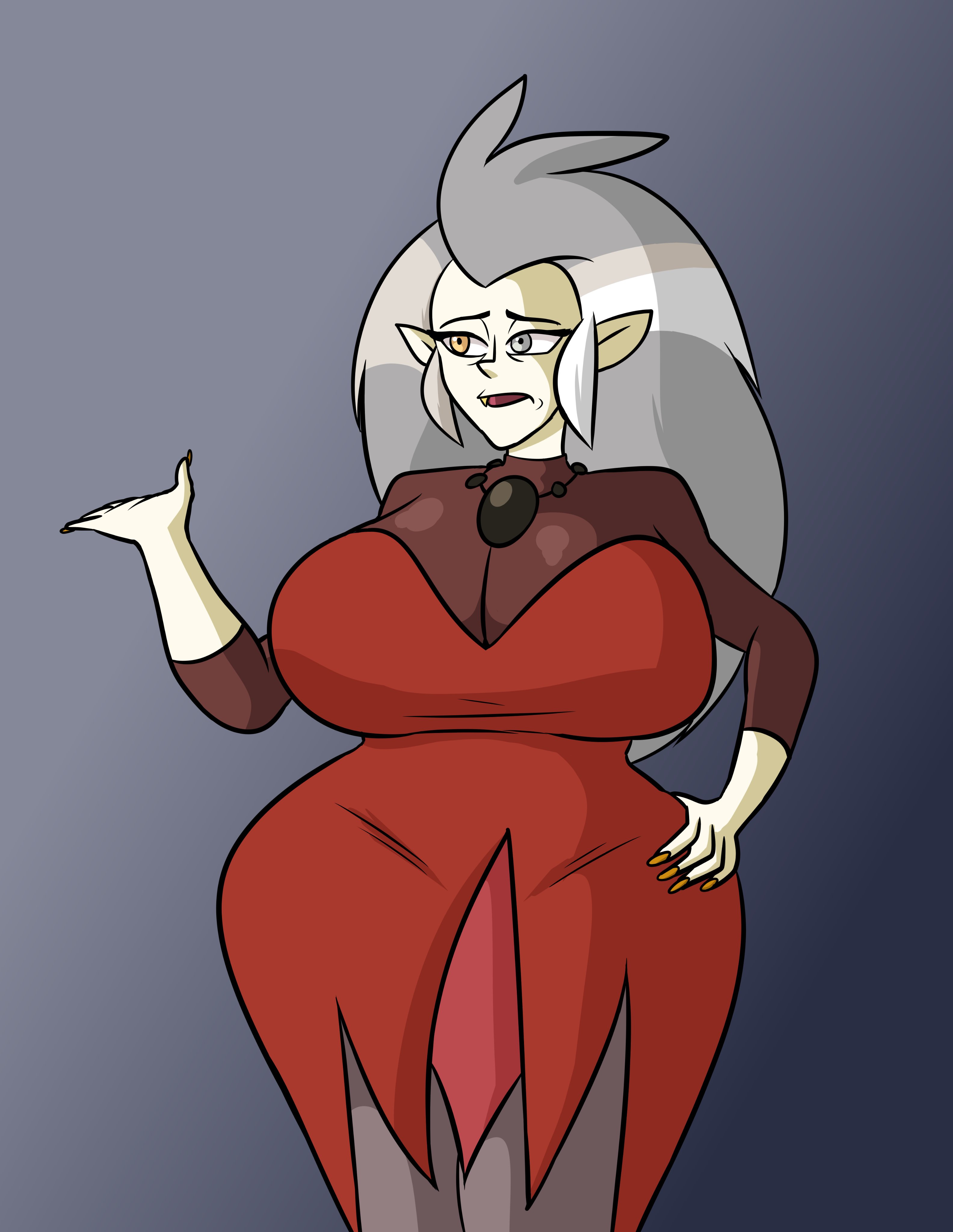 1girls, alternate body type, alternate breast size, big breasts, breasts, breasts bigger than head, clothed, clothing, disney, eda clawthorne, female, female focus, female only, hand on hip, heterochromia, huge breasts, humanoid, light skin, light-skinned female, long hair, max1mus, pointy ears, silver hair, the owl house, thick thighs, wide hips, witch (the owl house)