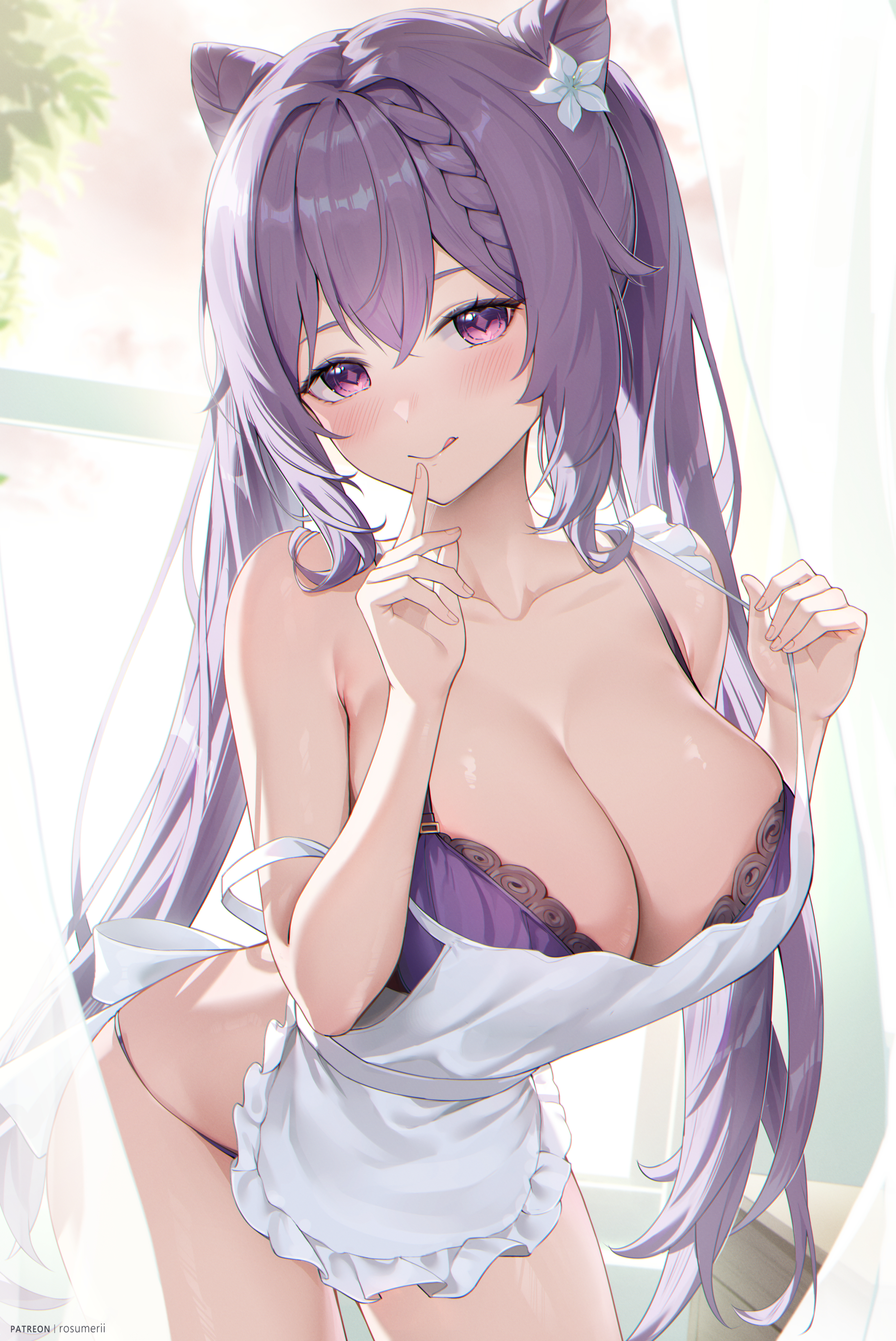 1girls, alternate breast size, apron, bra, breasts, female, genshin impact, hi res, keqing (genshin impact), large breasts, light skin, light-skinned female, long hair, looking at viewer, purple eyes, purple hair, rosumerii, smile, thighs, twintails