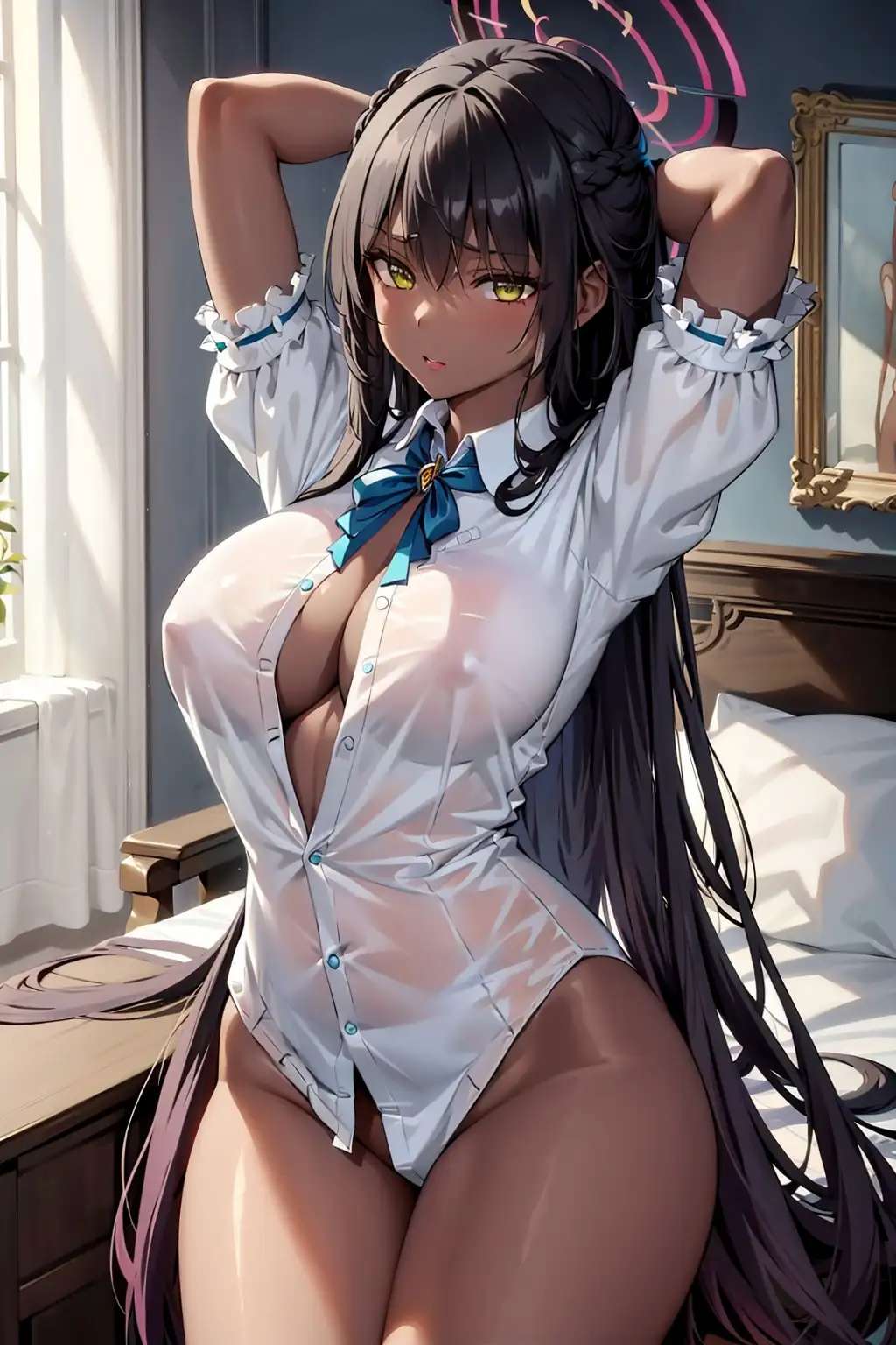 1girls, ai generated, black hair, blue archive, breasts, brown skin, dark skin, dark-skinned female, female, hips, huge breasts, karin (blue archive), karin kakudate, long hair, looking at viewer, millennium science school student, school uniform, schoolgirl, stable diffusion, thick thighs, wide hips